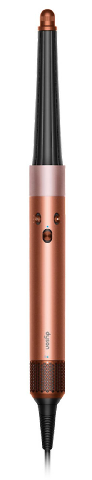 Miedziano-czarne narzędzie do stylizacji włosów, Dyson, z długą lufą i uchwytem. Posiada przyciski i siatkowy spód.