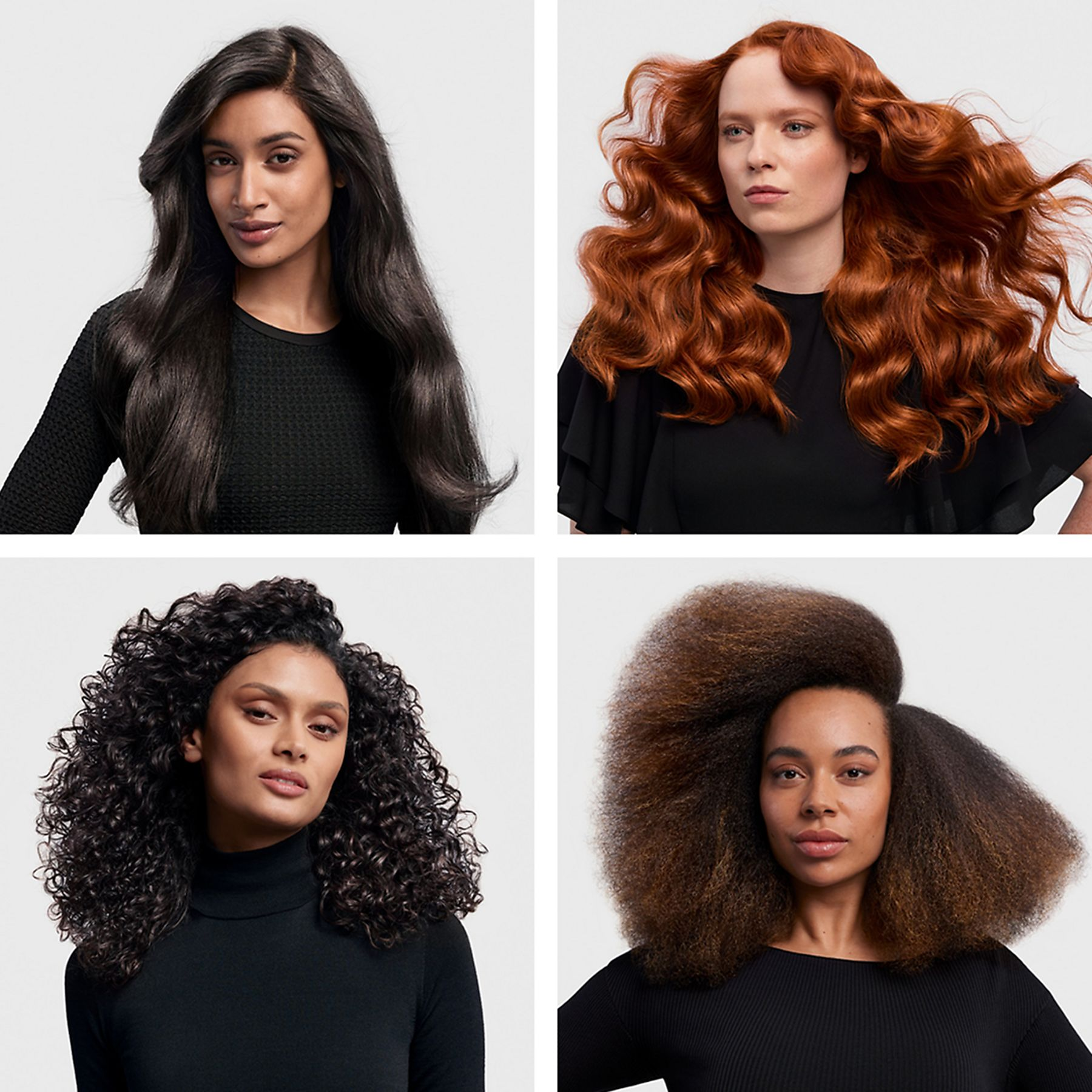 Cztery kobiety z różnymi fryzurami: ciemne proste, czerwone falowane, ciemne kręcone i brązowe afro, wszystkie w czarnych topach.