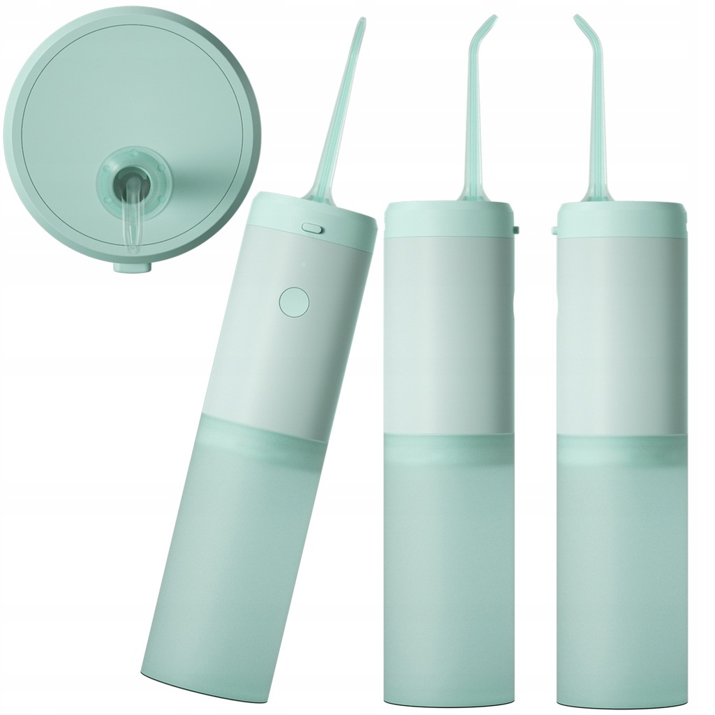 Irigator do zębów w kolorze miętowym, z wieloma widokami. Zawiera górę, korpus i dwie dysze. Białe tło.
