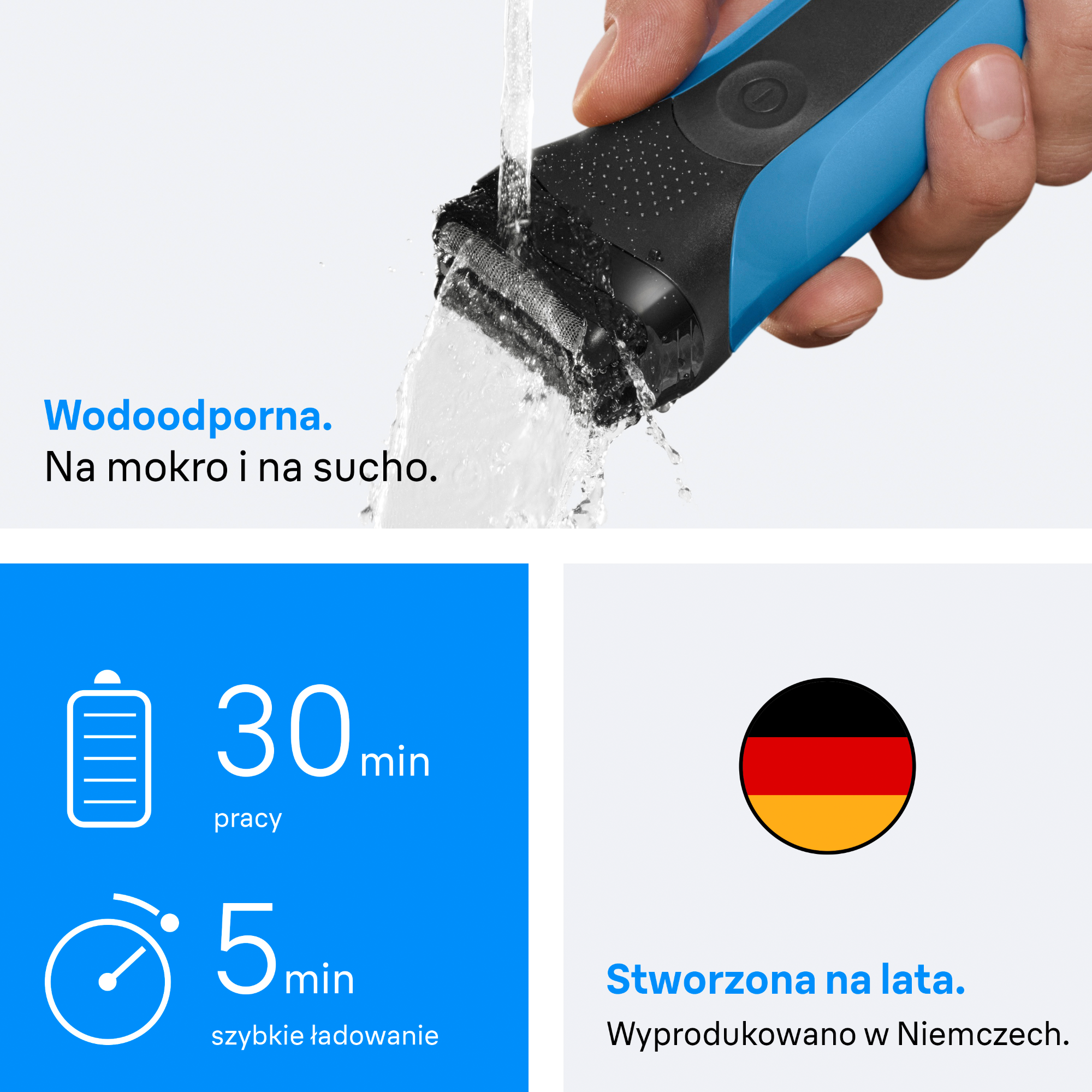 Niebiesko-czarna golarka jest płukana wodą. Obraz zawiera tekst o wodoodporności i produkcji w Niemczech.