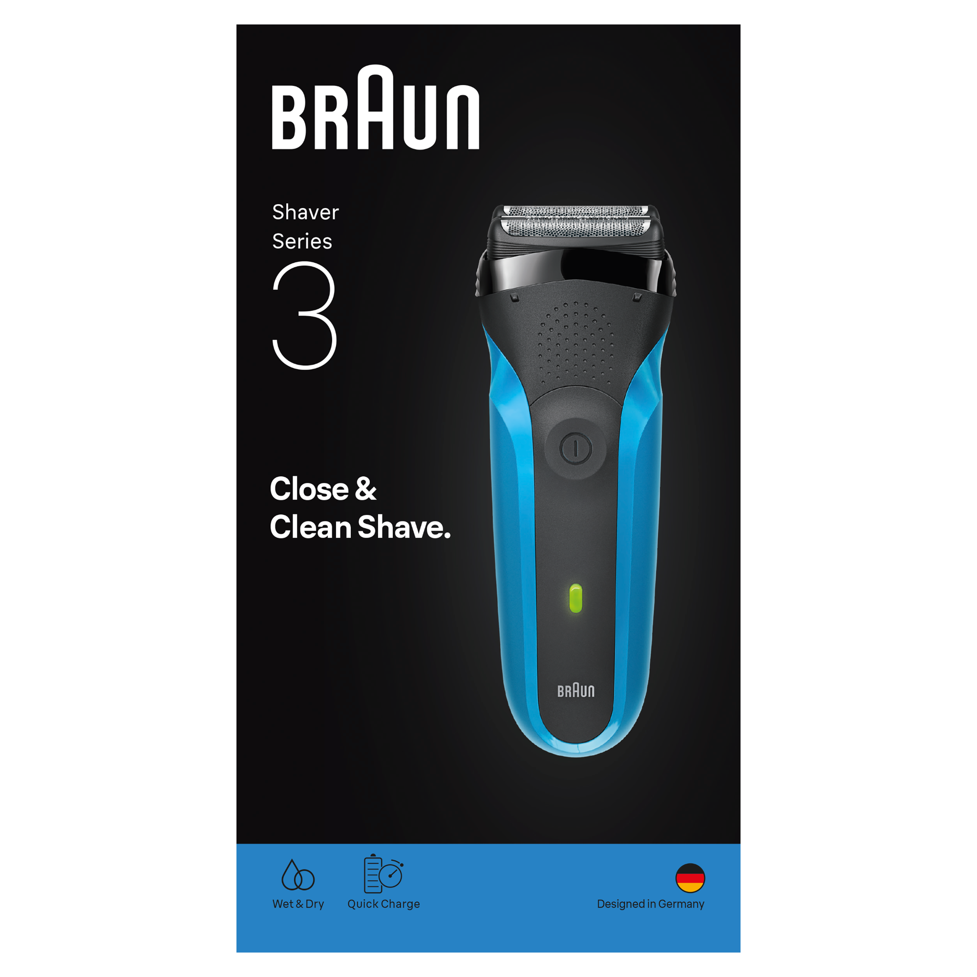 Elektryczna golarka Braun Series 3 w niebiesko-czarnej kolorystyce. Opakowanie zawiera logo Braun i tekst o produkcie.