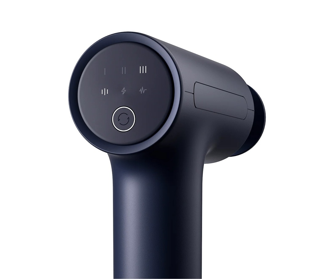 Ciemnoniebieski pistolet do masażu z okrągłym panelem sterowania z ustawieniami mocy i intensywności, na białym tle.