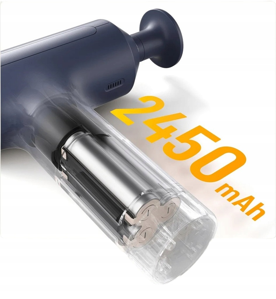 Niebieski pistolet do masażu z przezroczystą sekcją pokazującą baterie. Tekst wskazuje 2450 mAh.