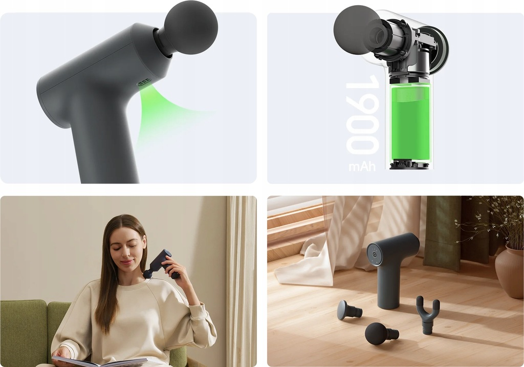 Zdjęcia przedstawiają pistolet do masażu, jego baterię, kobietę używającą go oraz pistolet z akcesoriami na drewnianej podłodze.