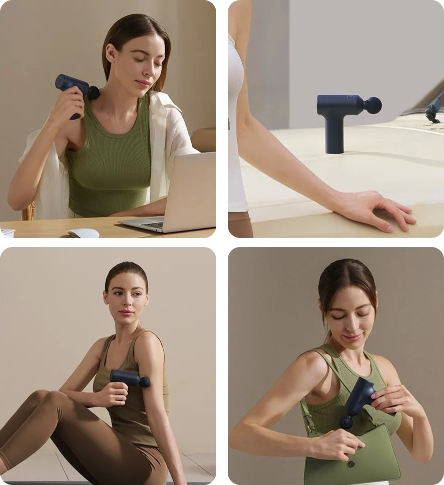 Kobieta używa niebieskiego pistoletu do masażu. Obraz przedstawia ją w różnych pozach: przy biurku, z wyciągniętą ręką, siedzącą i wkładającą pistolet do torby.