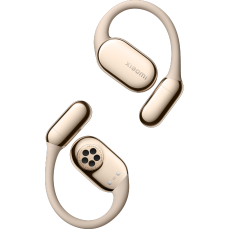 Dwa bezprzewodowe słuchawki Xiaomi w kolorze złotym. Jeden pokazuje nazwę marki. Tyły mają czarne kółka z kropkami. Beżowe haczyki zakrzywione.