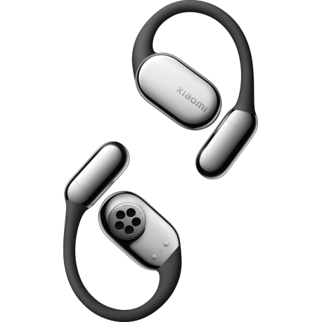 Słuchawki ze srebrnym wykończeniem i czarnymi pętlami na uszy. Widoczna nazwa marki 'Xiaomi'. Tło czarne.