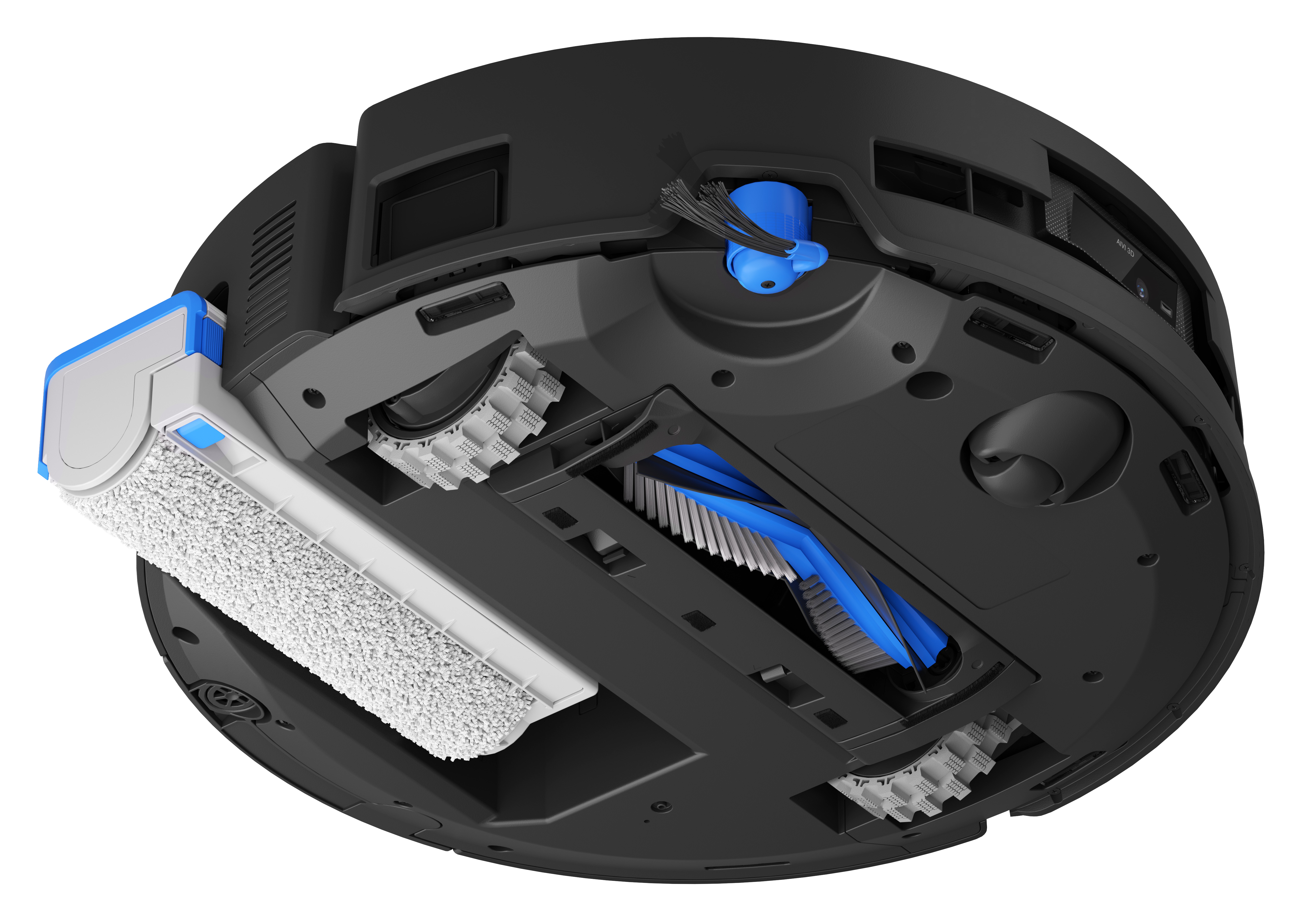 Widok od spodu czarnego robota sprzątającego z niebiesko-białymi elementami. Zawiera szczotki, koła i nakładkę czyszczącą.