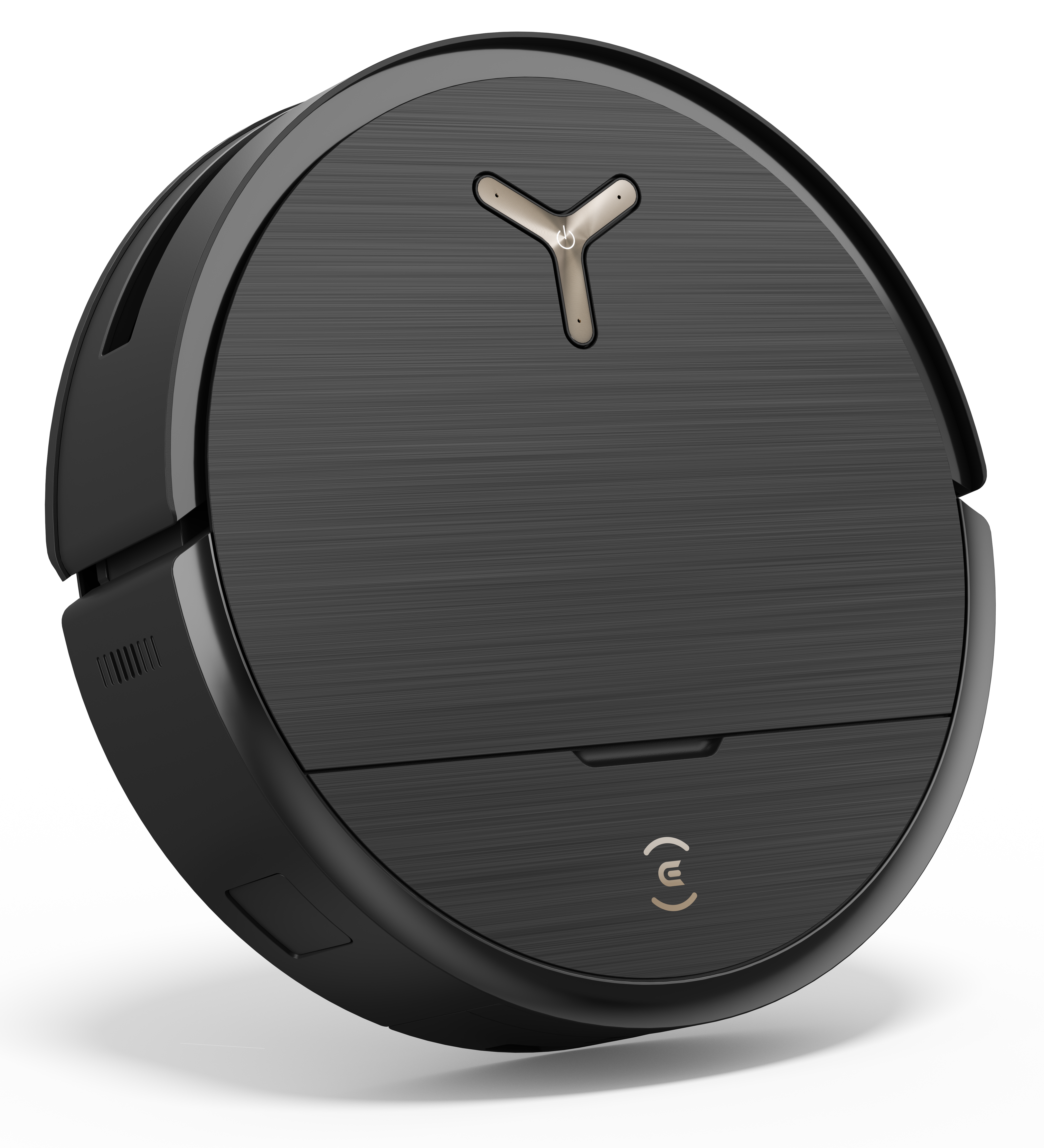 Czarny i złoty robot sprzątający na białym tle. Ma trójramienny przycisk.