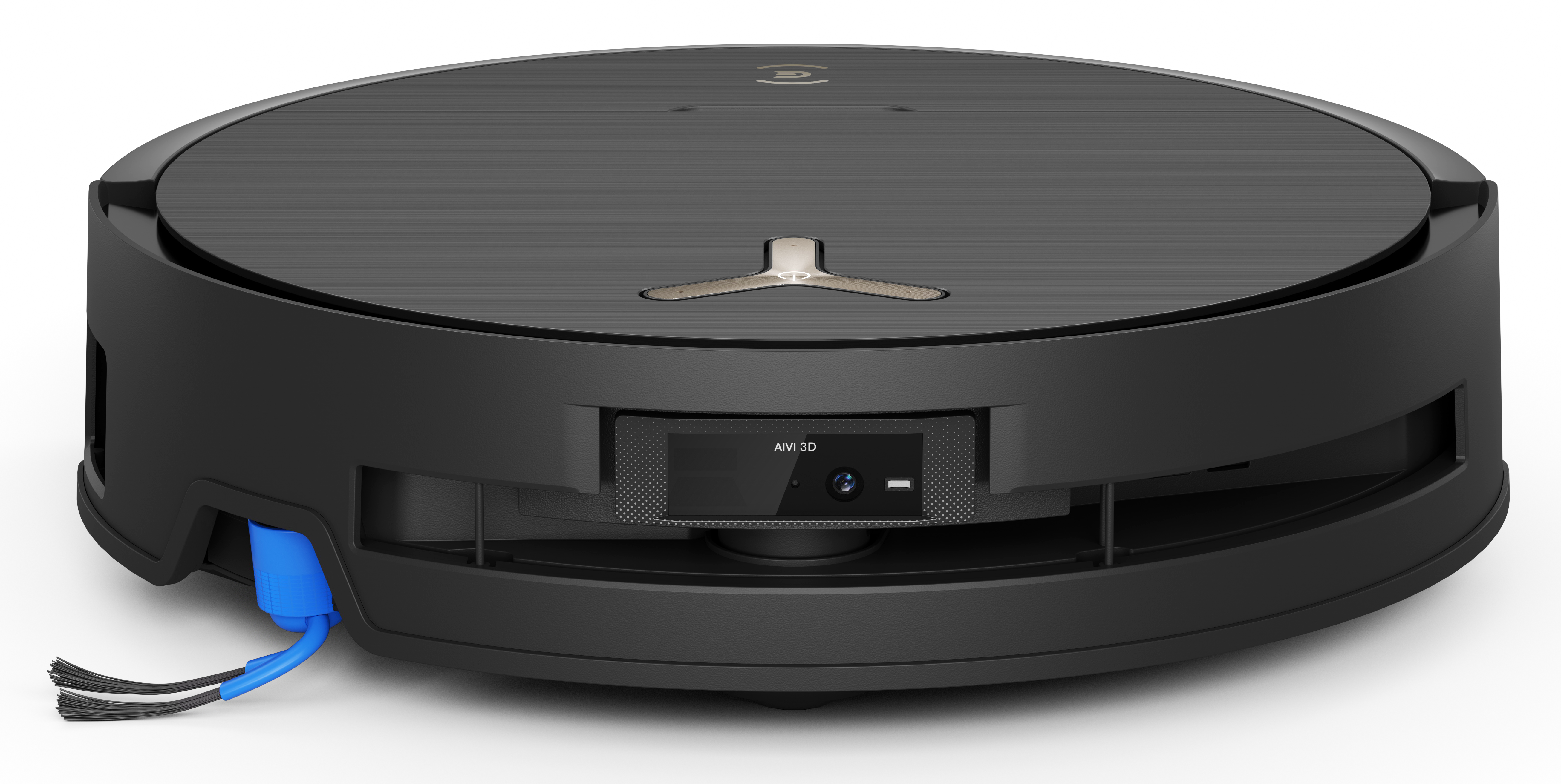 Czarny robot odkurzający z górnym panelem i przednią kamerą. Ma niebieską szczotkę z boku i srebrne logo.