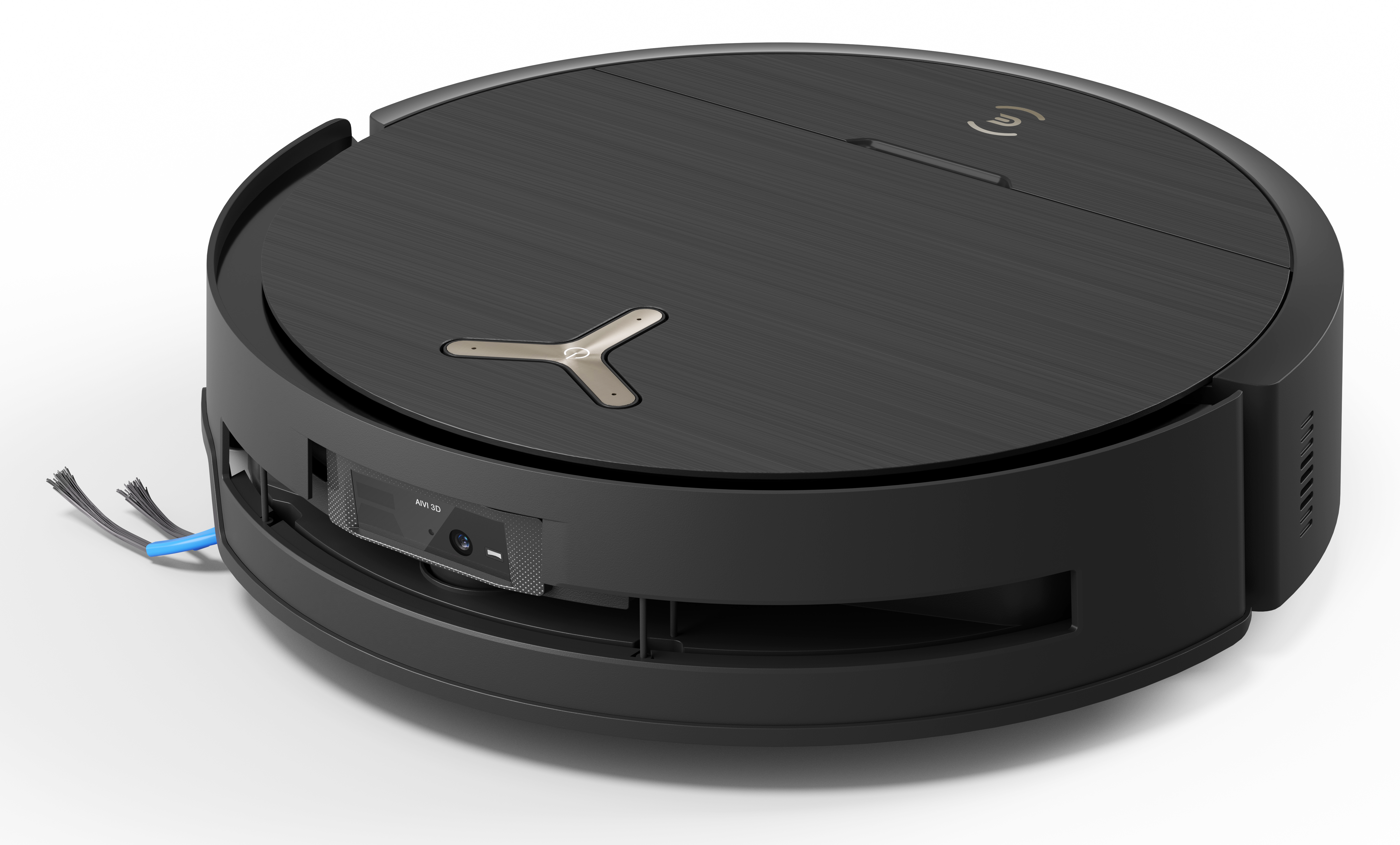 Czarny robot odkurzający na białej powierzchni. Ma okrągły kształt ze srebrnym logo i szczotką boczną.