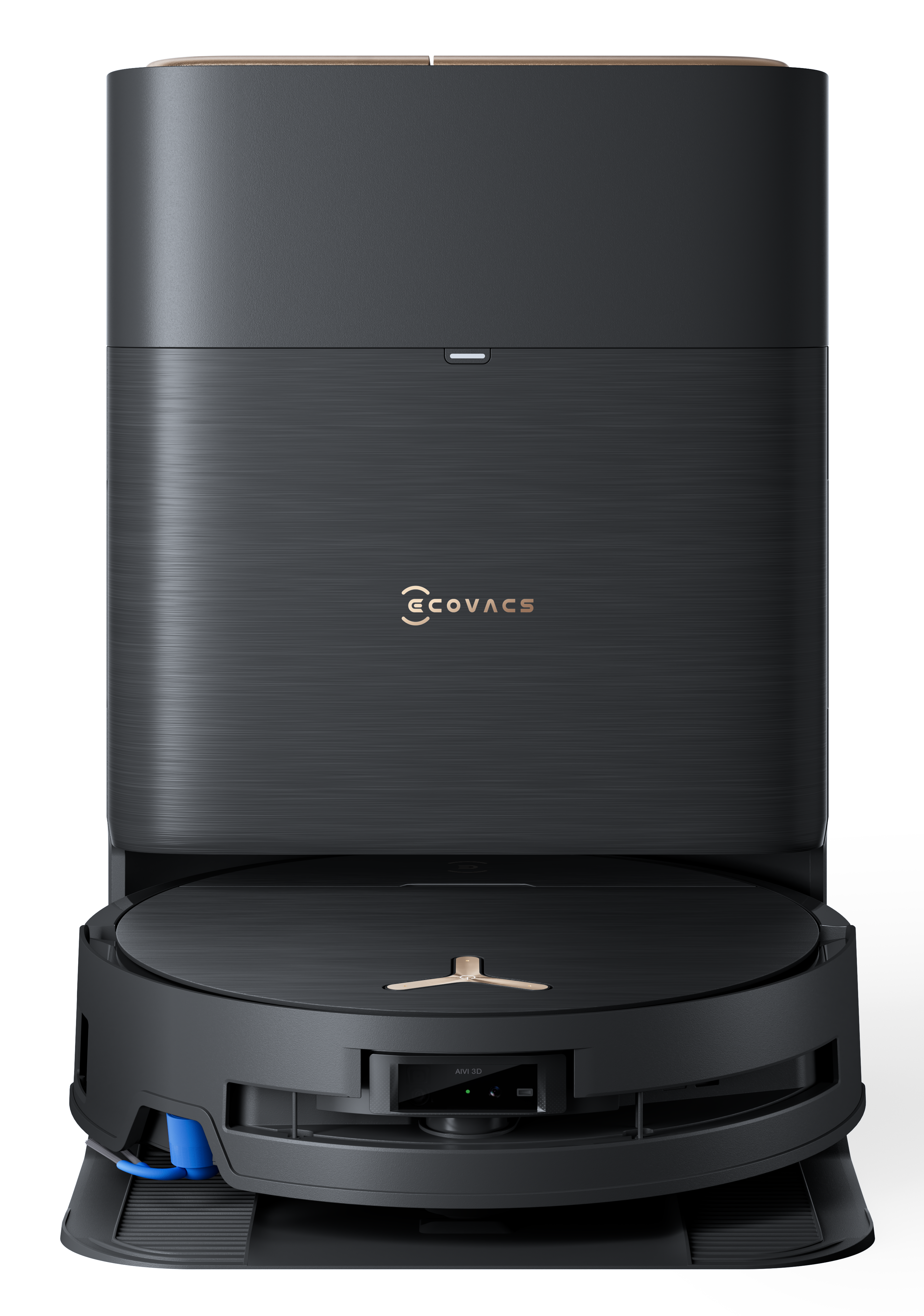 Czarny i złoty robot sprzątający. Ma cylindryczną podstawę i prostokątną górę z logo marki.