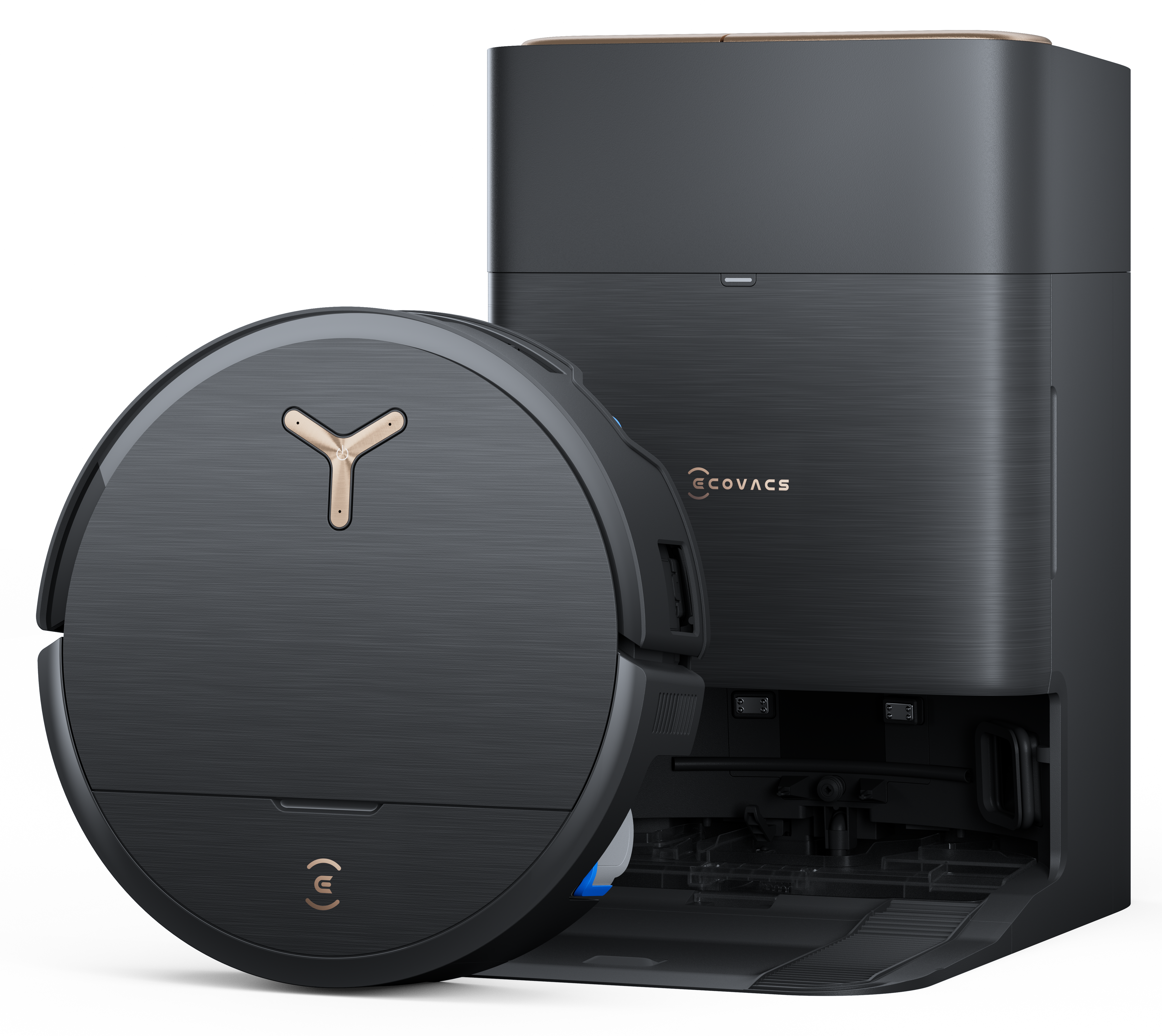 Czarny odkurzacz robot i pasująca stacja ładująca, oba na białym tle. Odkurzacz ma złoty design.