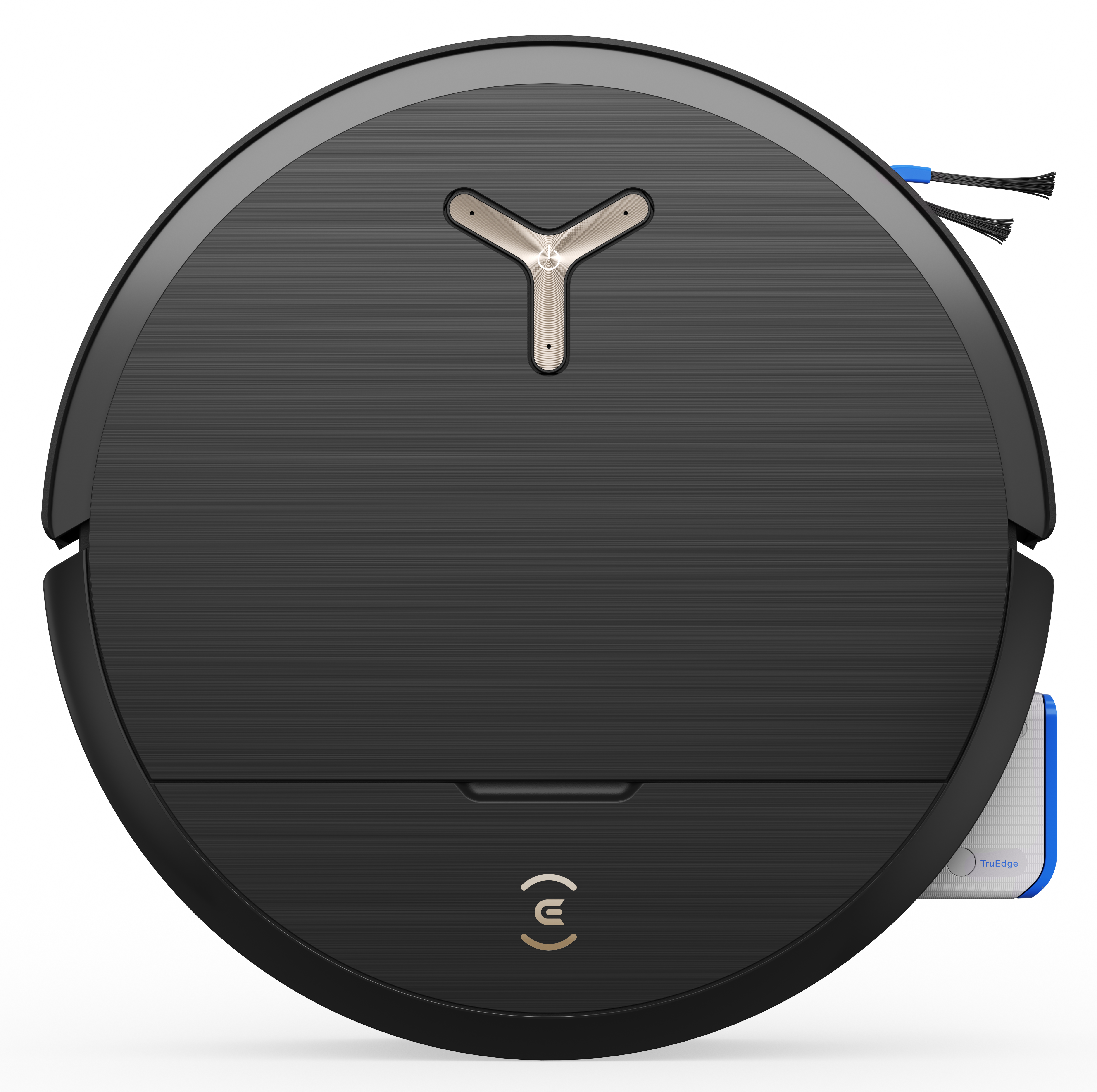 Przedstawiono czarno-szary odkurzacz automatyczny z niebieską krawędzią i złotym akcentem.