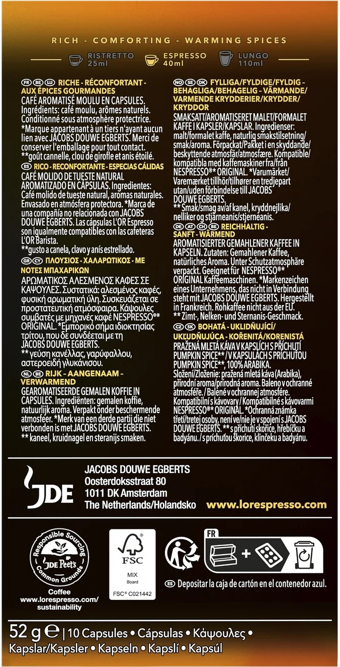 Pudełko na kapsułki do kawy z tekstem w wielu językach, informacjami o kawie i symbolem recyklingu.