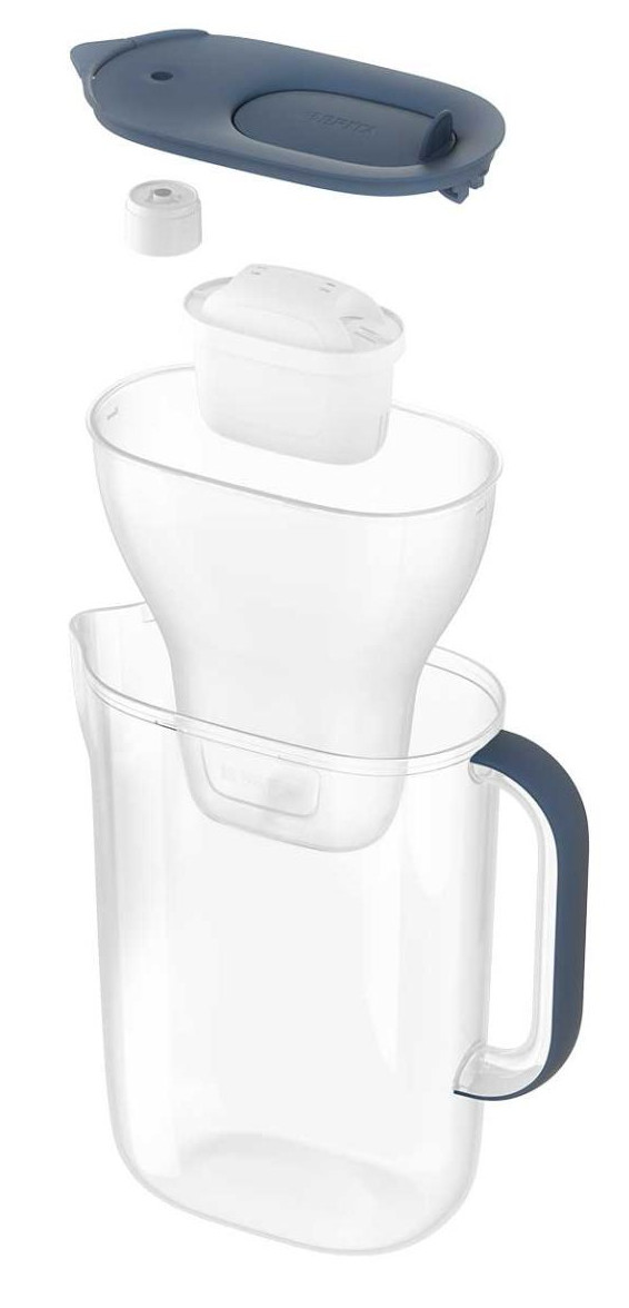 Zdemontowany dzbanek filtrujący wodę. Elementy obejmują pokrywę, filtr, biały pojemnik na filtr i sam dzbanek.