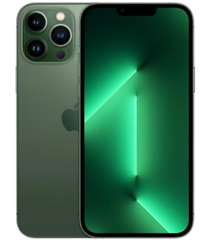 Zeytin yeşili bir iPhone, yeşil gradyan ekran gösteriyor. Arkasında üç kamera var. Apple logosu görünür durumda.