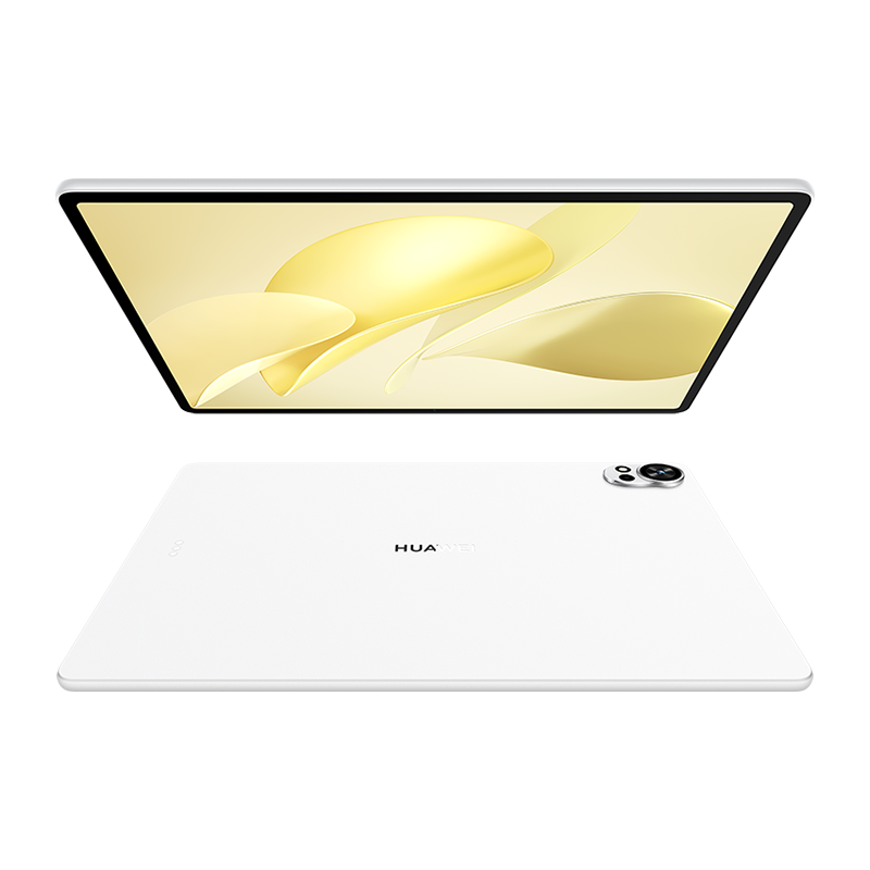 İki beyaz Huawei tableti. Biri sarı tasarımlı ekranı, diğeri kameralar ve logoyla arka tarafı gösteriyor.