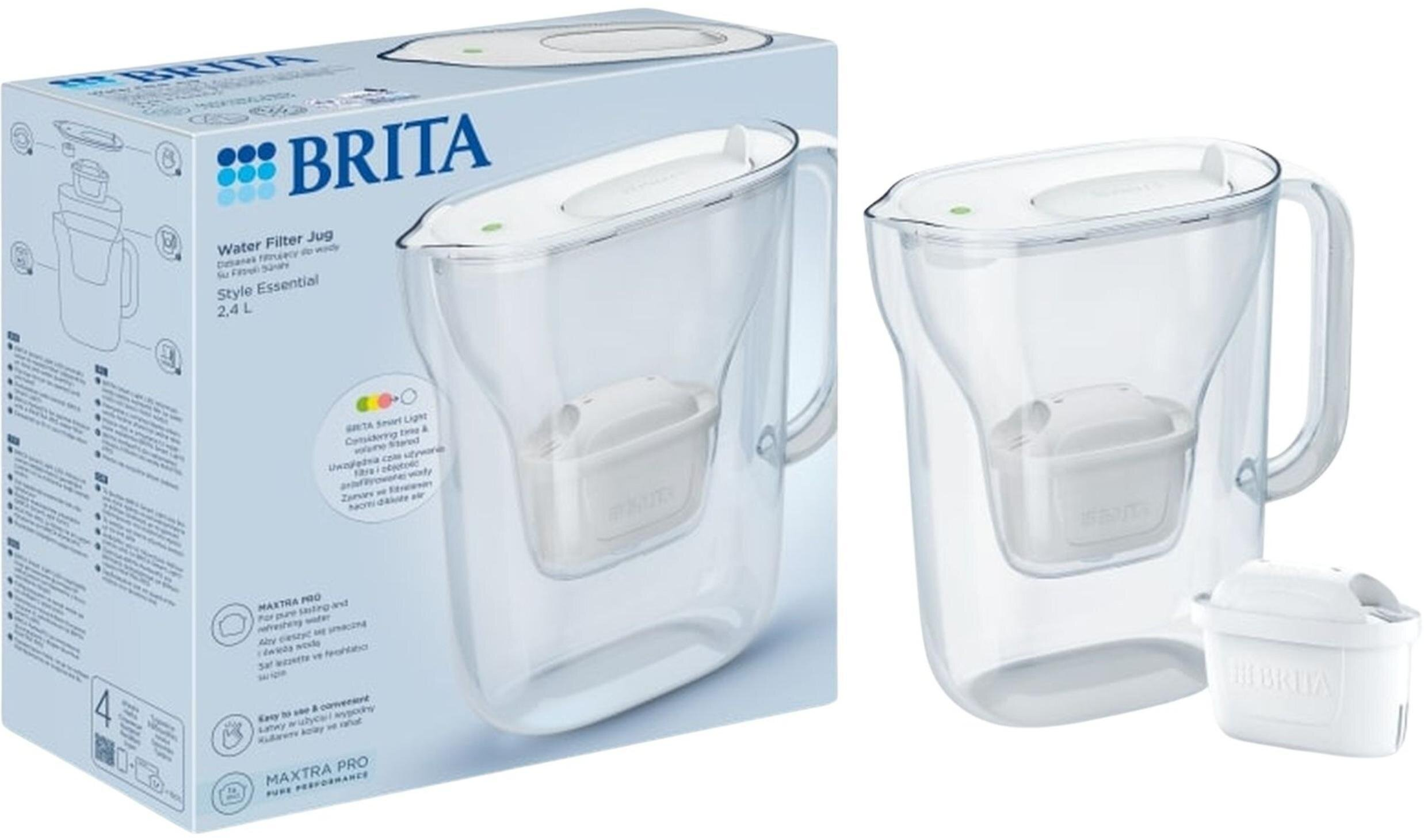 Obraz przedstawia dzbanek filtrujący wodę Brita i jego pudełko. Dzbanek jest przezroczysty z białym filtrem i pokrywą.