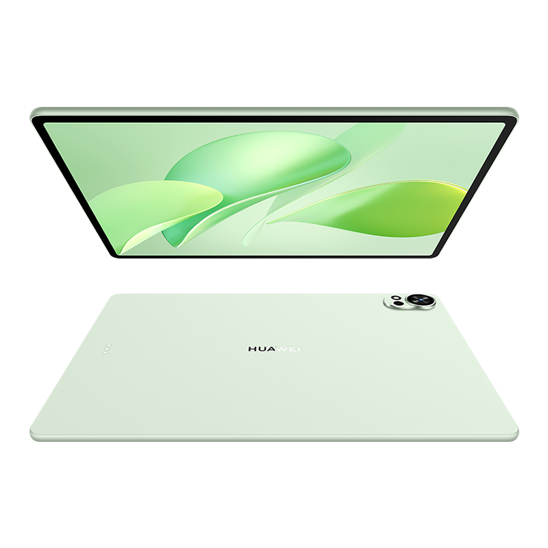 Açık yeşil bir Huawei tableti, ekranı ve arkasını gösteren yukarıdan görünüm. Ekran yeşil soyut tasarım gösterir. Arka kısımda kamera ve Huawei logosu var.