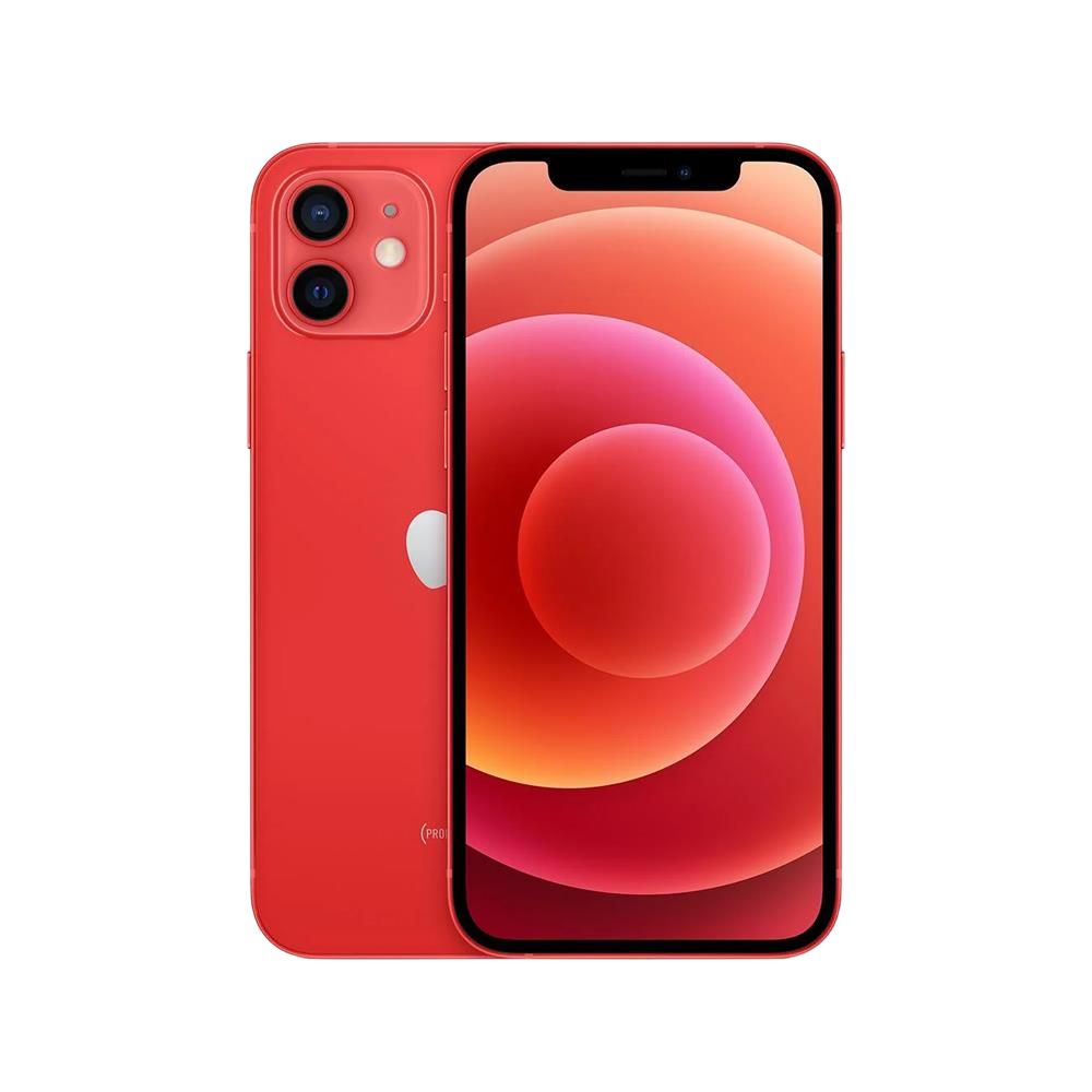Kırmızı bir iPhone 12, kırmızı bir kılıfla gösteriliyor. Ekran, kırmızı ve turuncu tonlarında bir geçiş gösteriyor. Arka plan siyah.
