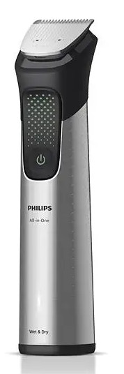 Srebrna maszynka Philips All-in-One do golenia na mokro i na sucho z czarnymi akcentami i białą głowicą. Posiada przycisk włączania/wyłączania.