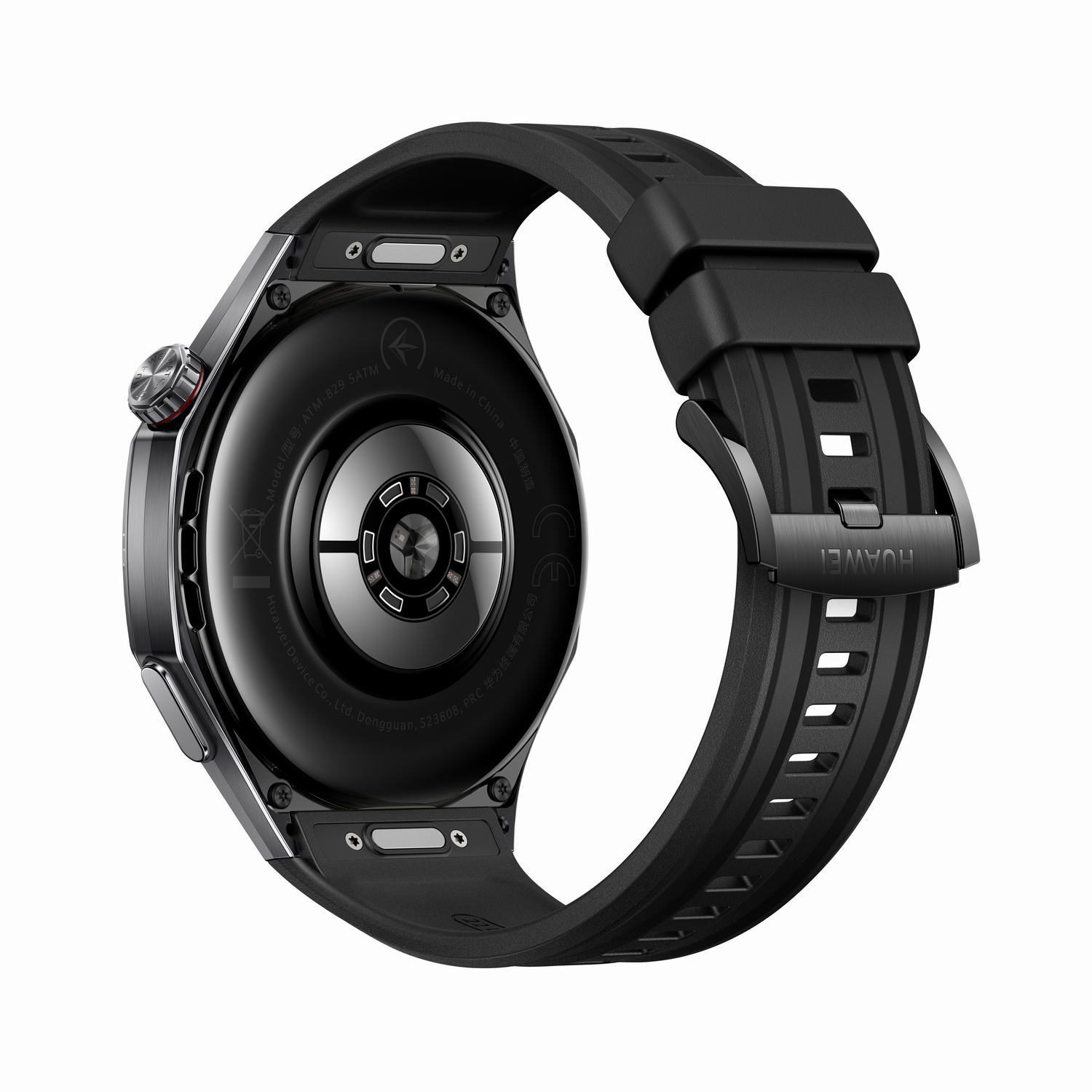 Un reloj inteligente Huawei negro. El reloj es negro con una correa negra. Se ve la parte inferior del reloj y la hebilla de la correa.