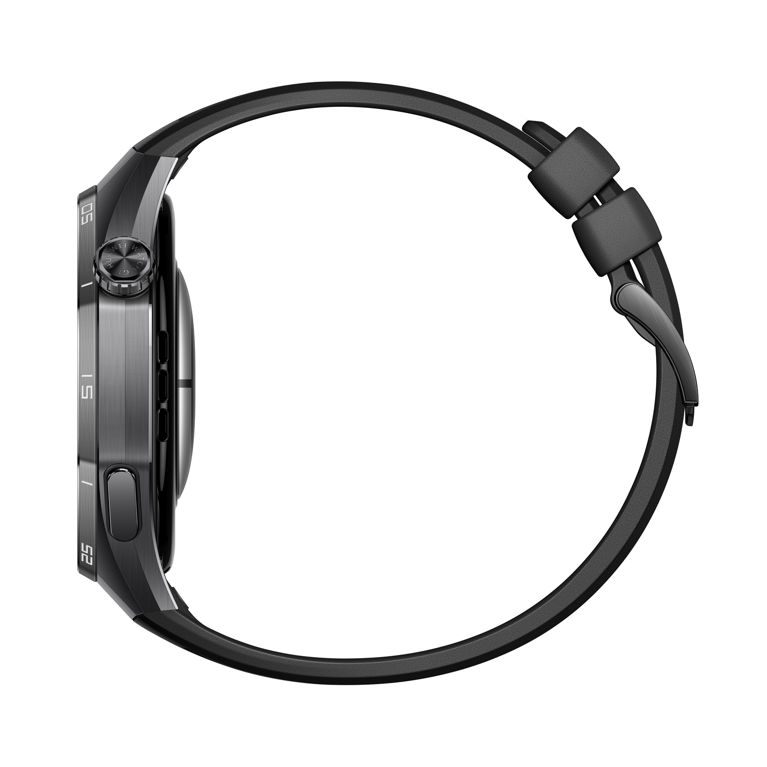 Vista lateral de un reloj inteligente negro con correa negra, que muestra la esfera y los detalles de la banda sobre un fondo blanco.