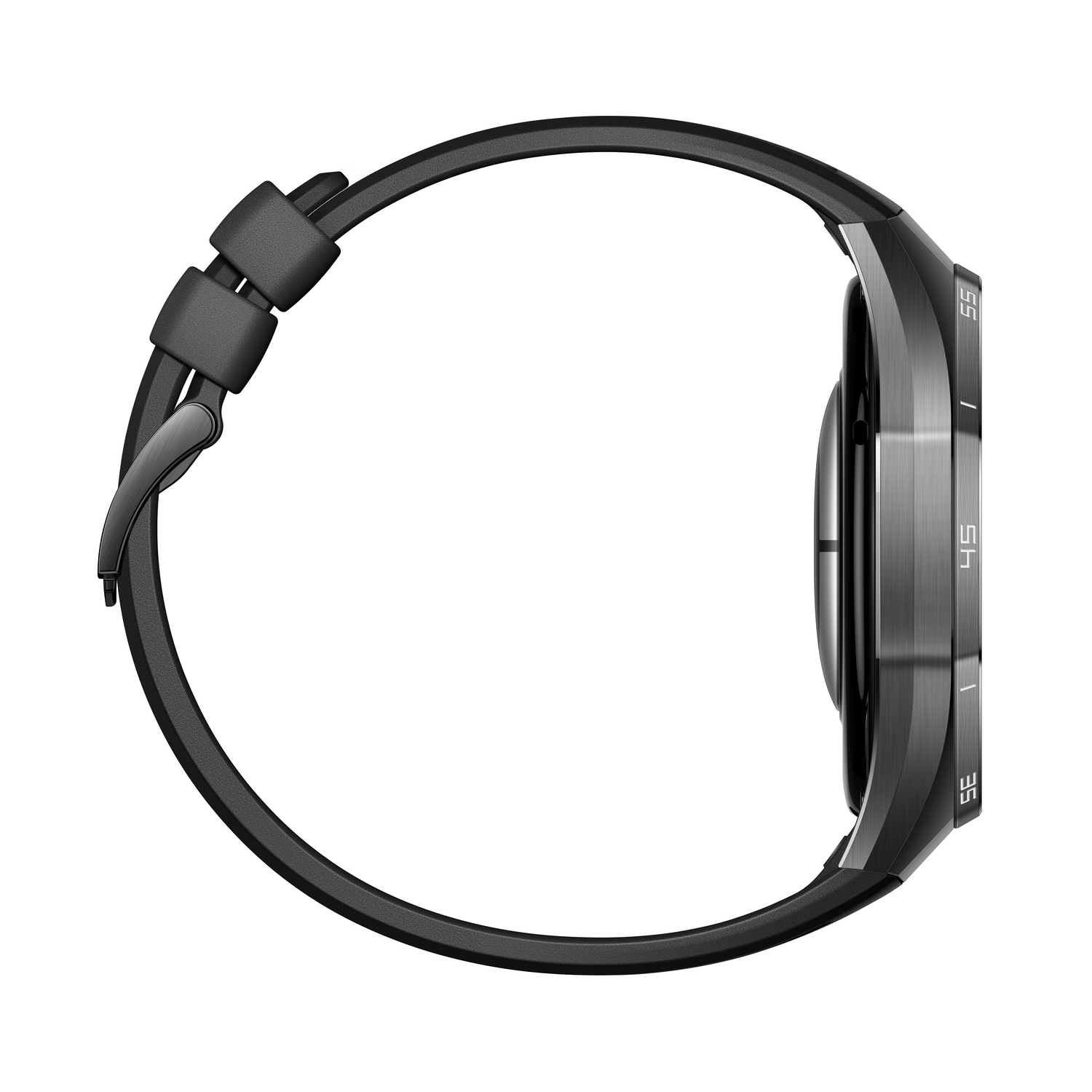 Vista lateral de un reloj inteligente negro con correa negra. La esfera tiene números. El fondo es blanco.