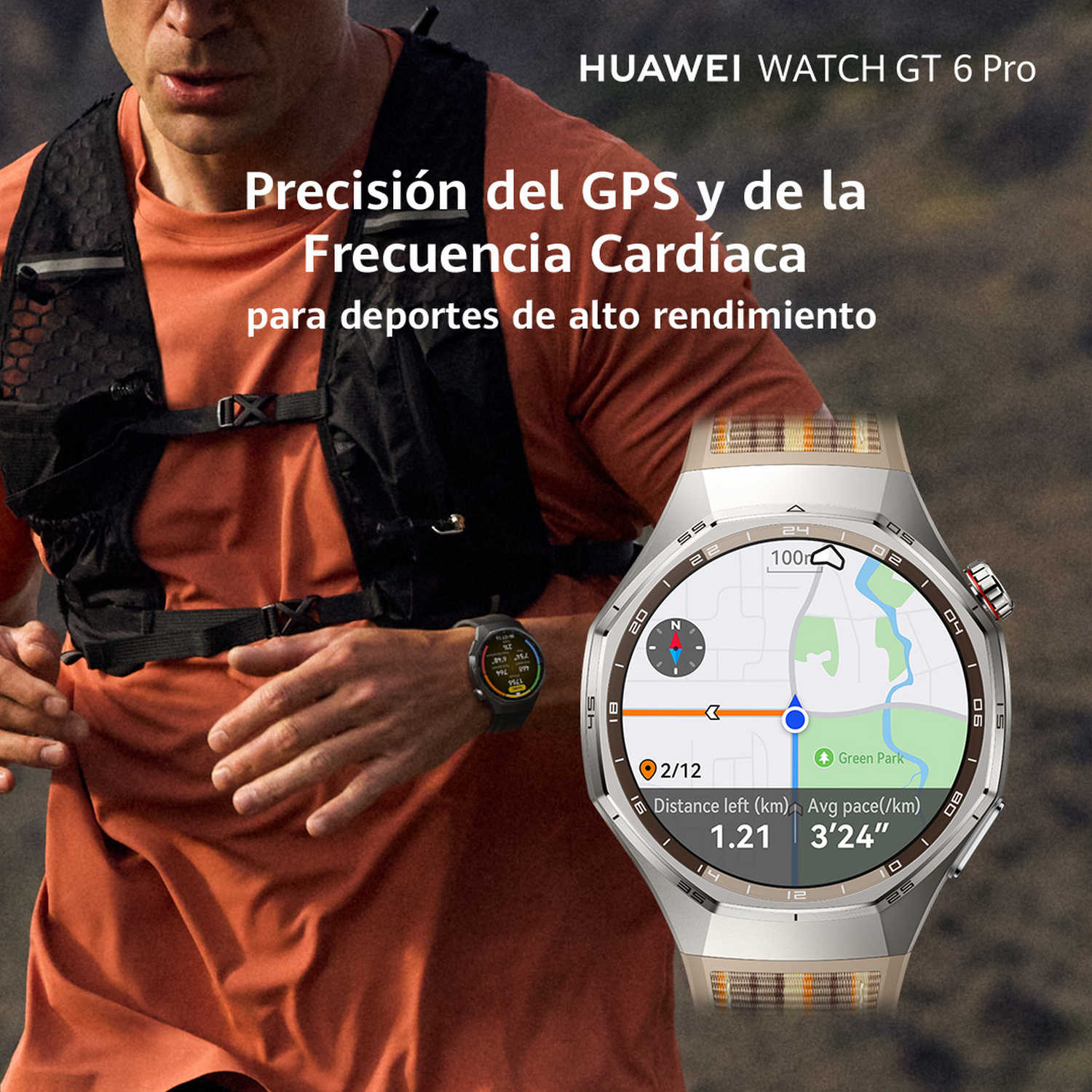 Un corredor con un reloj con pantalla de mapa. El texto dice 'Precisión GPS para deportes de alto rendimiento'. El reloj muestra distancia y ritmo.