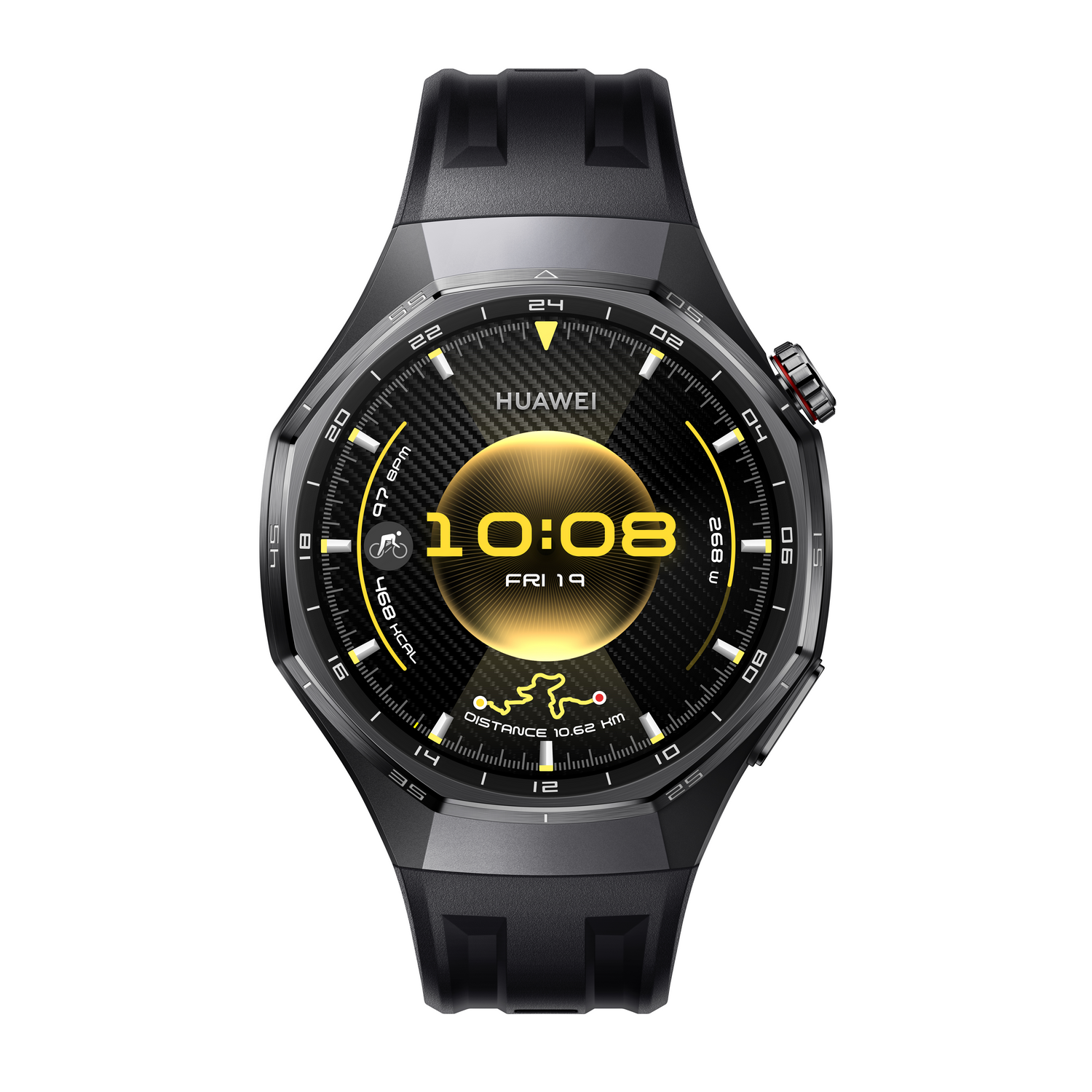 Un smartwatch Huawei negro y gris. La esfera muestra la hora, la fecha y datos de fitness. Tiene una esfera redonda y una correa negra.