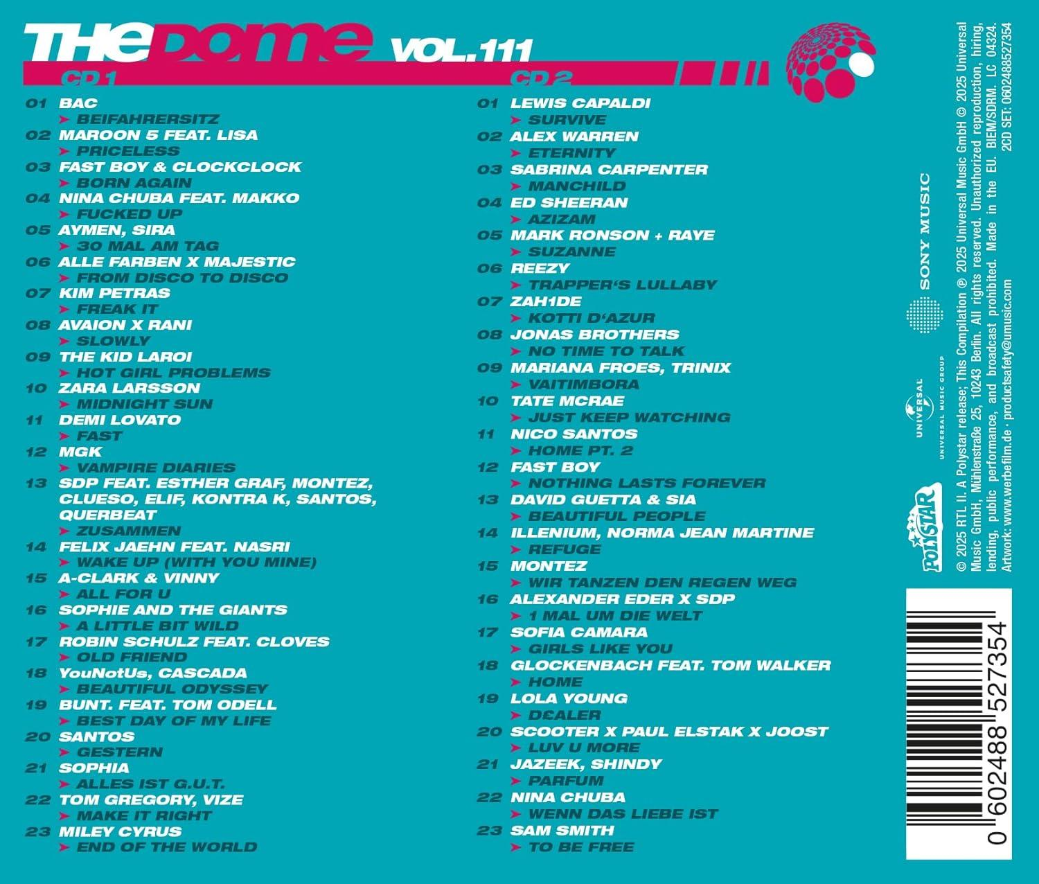 CD-Cover mit Titellisten für 'The Dome Vol. 111'. Das Cover hat ein Logo, Künstlernamen und Songtitel.