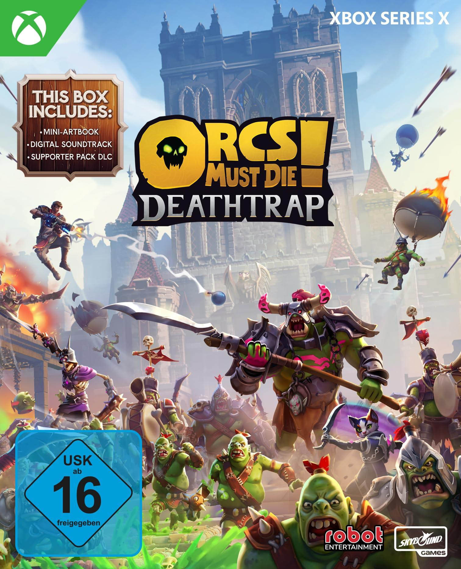 Spieledesign: Orcs Must Die! Deathtrap, mit Orks, einer Burg und Charakteren in Aktion. Enthält Spieldetails und Logos.