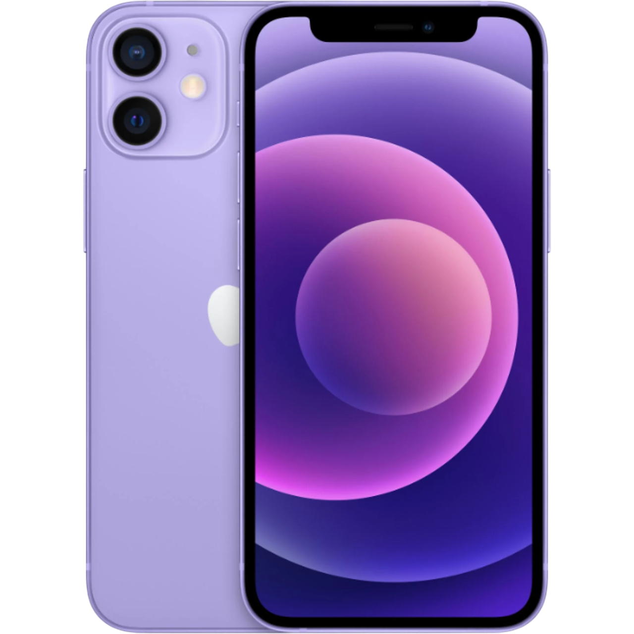 Lila bir iPhone 12. Ekran mor daireler gösteriyor. Arkada çift kamera ve beyaz bir Apple logosu var. Siyah arka plan.