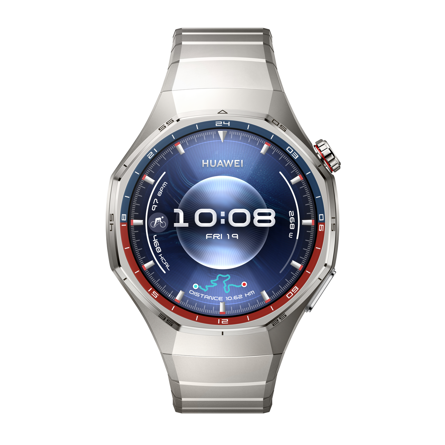 Un reloj inteligente Huawei plateado con pantalla azul y roja que muestra hora, fecha y métricas de fitness. El reloj está sobre fondo blanco.