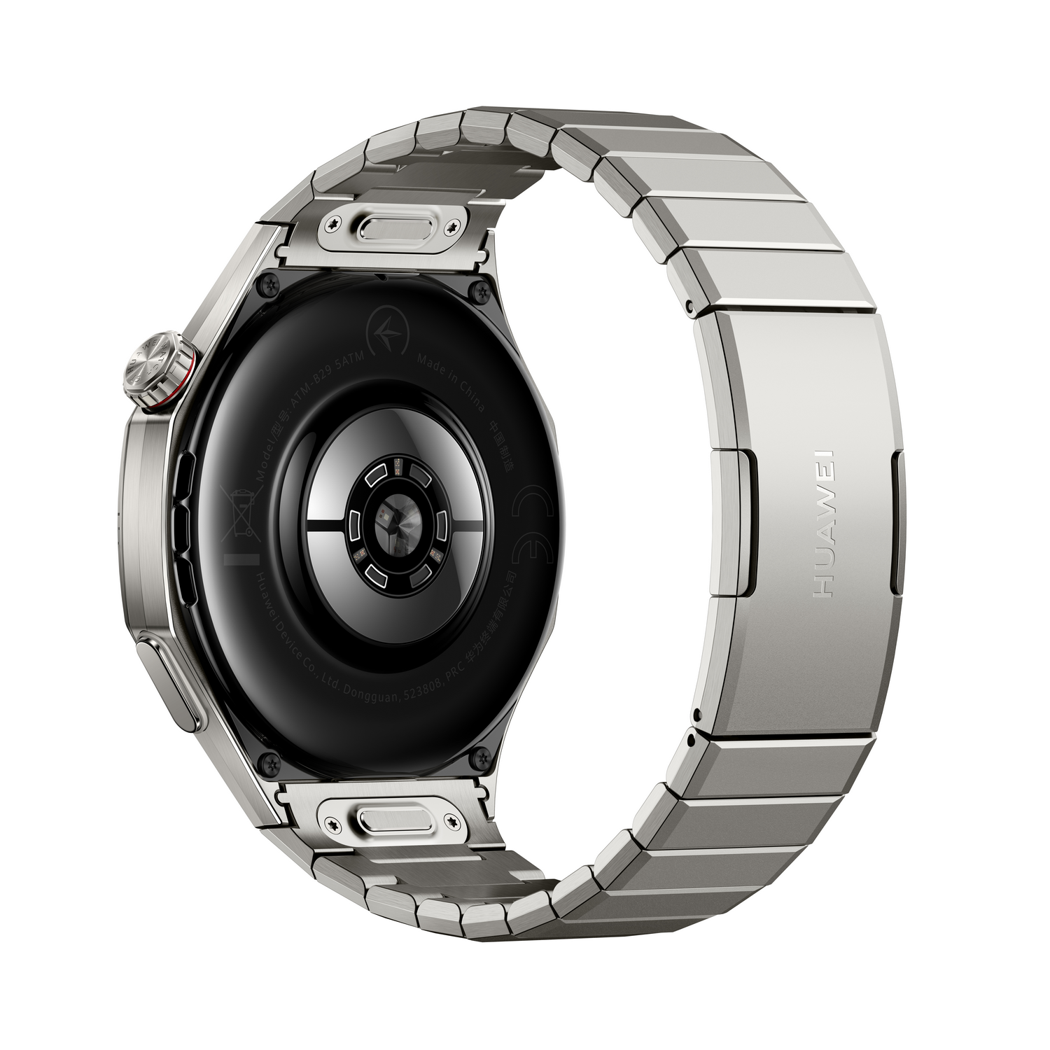 Un reloj inteligente Huawei plateado se muestra desde atrás. El reloj tiene una parte inferior negra con sensores y una correa de metal. La correa está abierta.