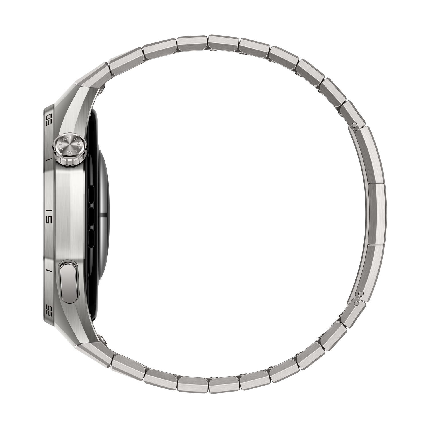 Un reloj inteligente plateado con una correa de metal se muestra de lado. La esfera del reloj es negra y tiene botones plateados. La correa es curva.