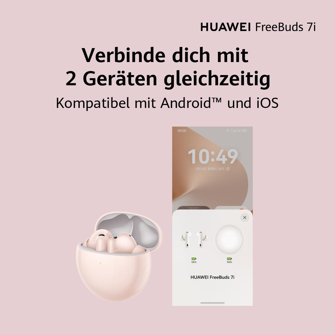 Rosa Ohrhörer mit Ladecase, Telefon zeigt Zeit und Ohrhörerstatus, Text über gleichzeitige Verbindung mit zwei Geräten.