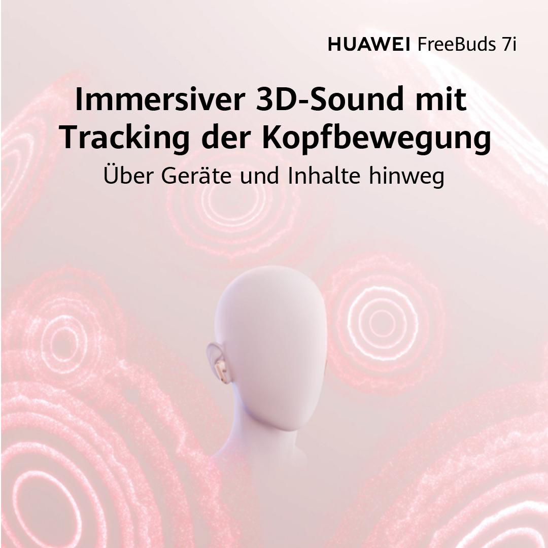 Bild zeigt Kopf mit Ohrhörern, Text: 'Immersiver 3D-Sound mit Head Tracking'. Rosa Hintergrund mit abstrakten Kreisen.