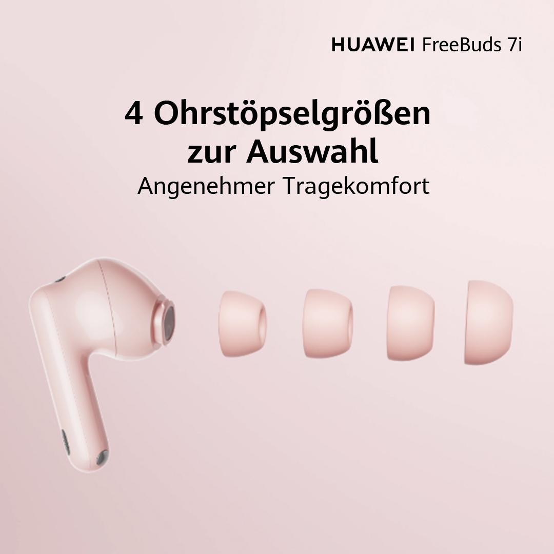Rosa Huawei FreeBuds 7i-Ohrhörer und vier Ohrstöpselgrößen auf rosa Hintergrund. Text: '4 Ohrstöpselgrößen zur Auswahl'.