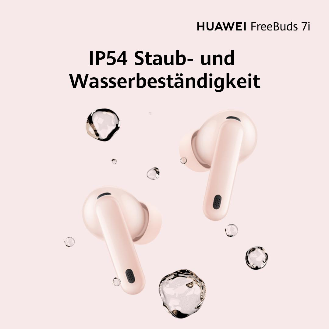 Rosa Huawei FreeBuds 7i Ohrhörer. Wassertropfen. Text: IP54 Staub- und Wasserbeständigkeit. Hellrosa Hintergrund.