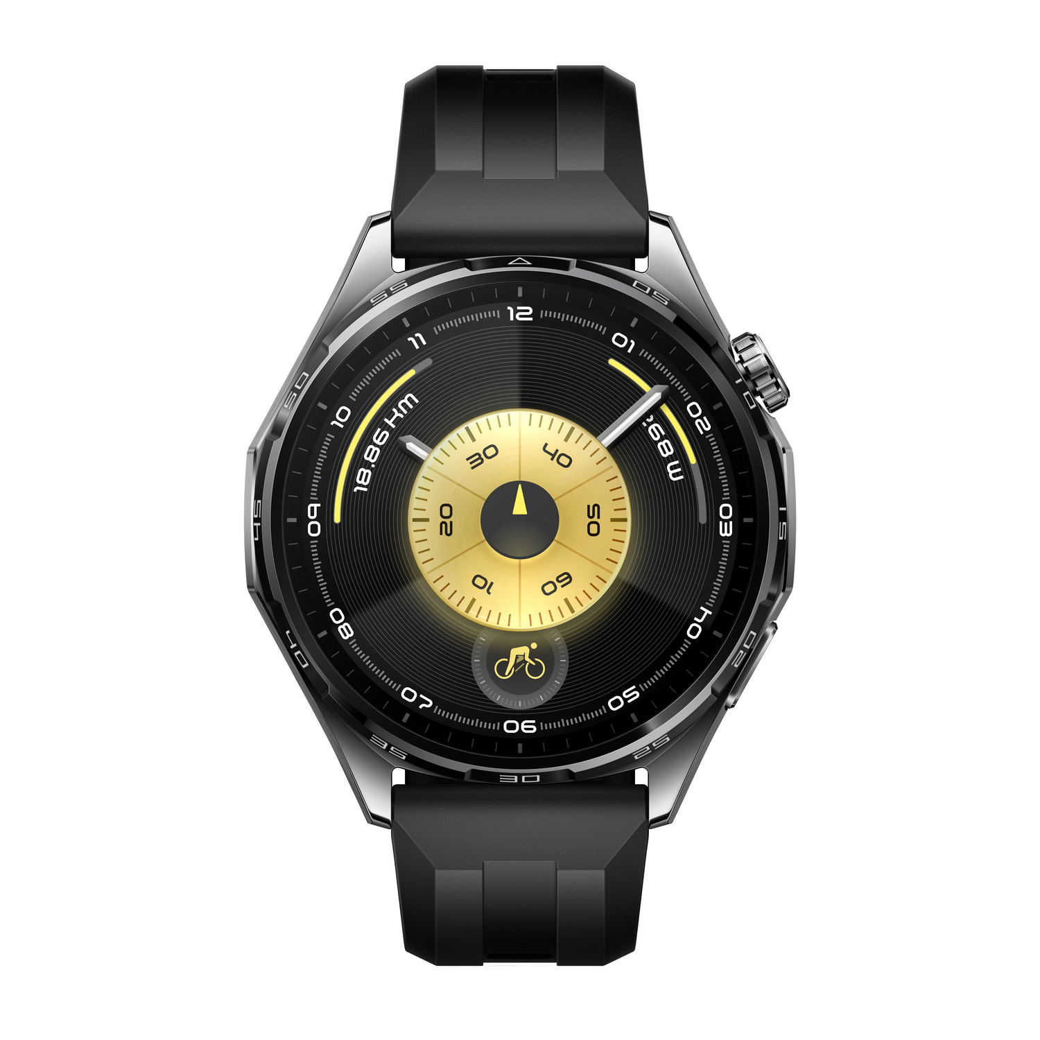 Un reloj inteligente negro con esfera redonda. La esfera tiene un diseño dorado y negro. Muestra números y un símbolo de ciclismo.