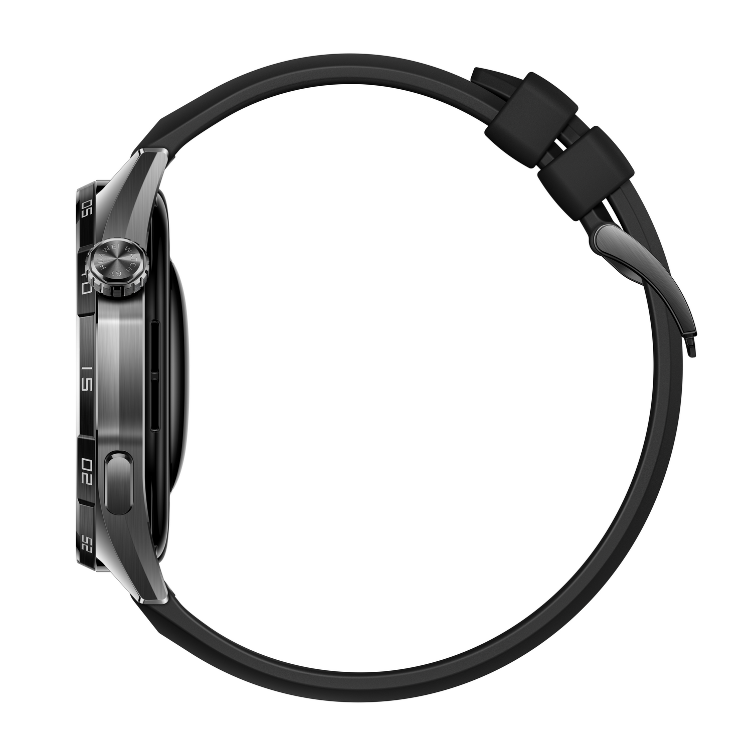 Vista lateral de un reloj inteligente negro con correa negra. La esfera tiene detalles plateados y un botón. El fondo es blanco.