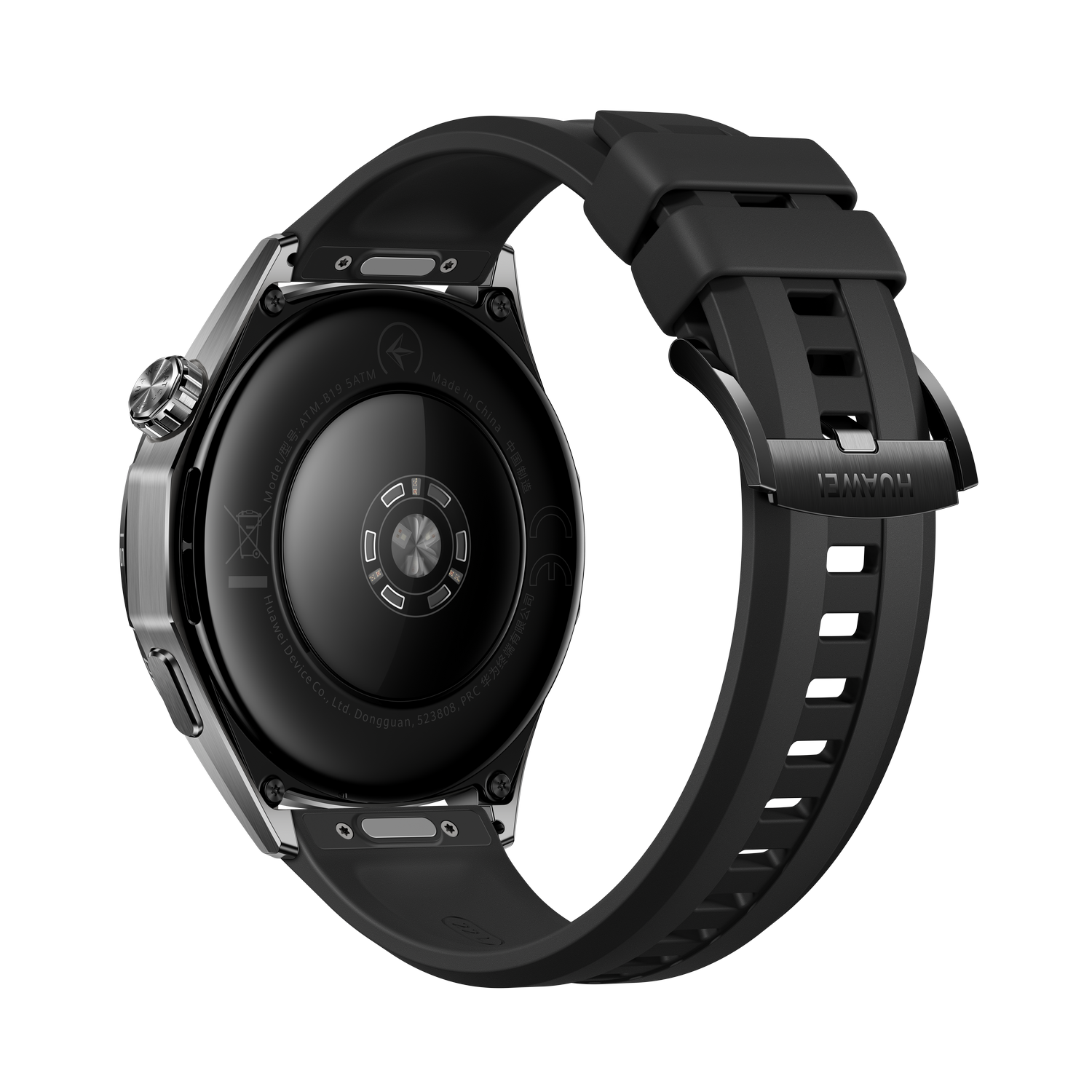 Reloj inteligente Huawei negro, vista trasera. Cuenta con correa negra con logo HUAWEI, caja plateada y pantalla negra.