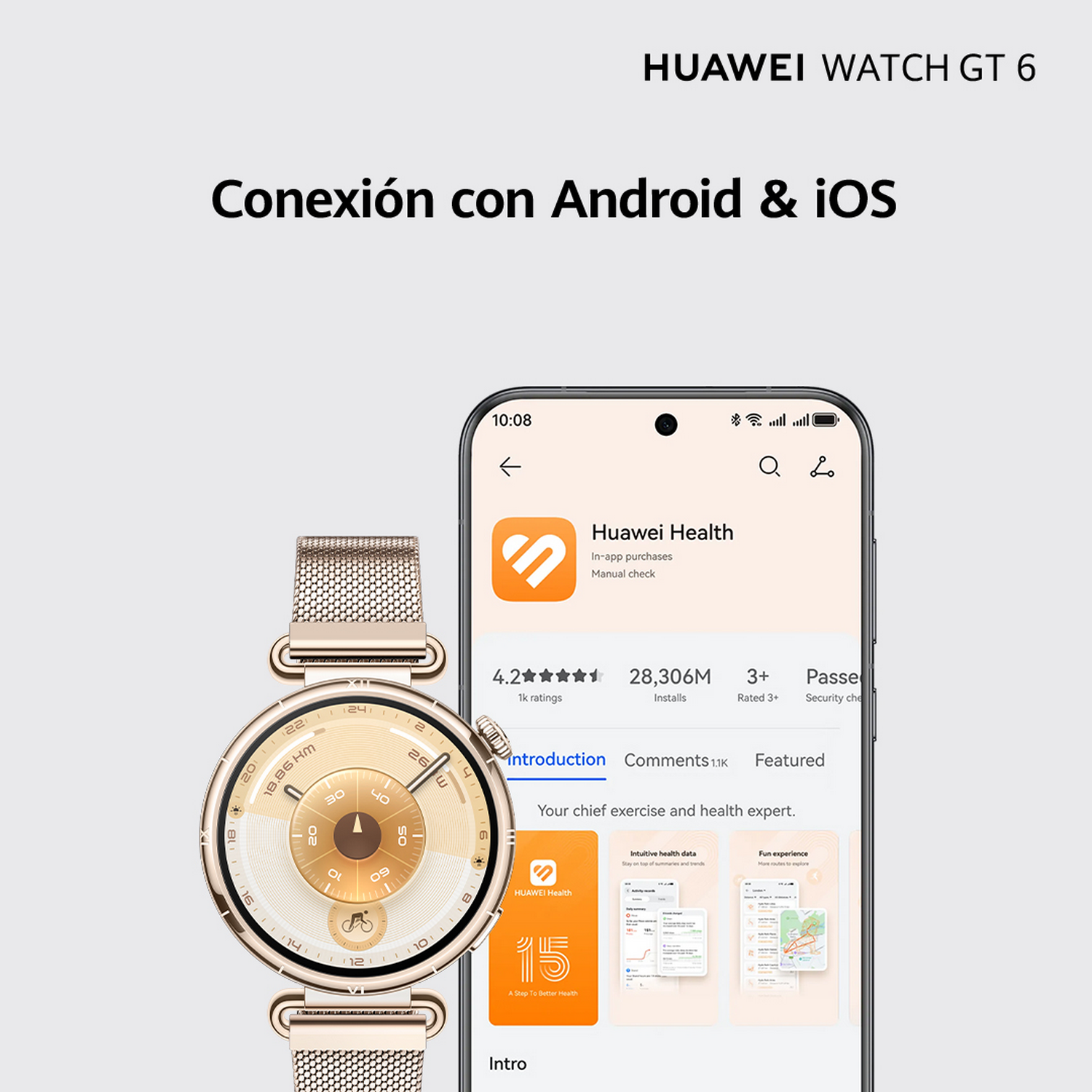 Un Huawei Watch GT 6 dorado, con un teléfono mostrando la app Huawei Health. Texto: 'Conexión con Android & iOS'.