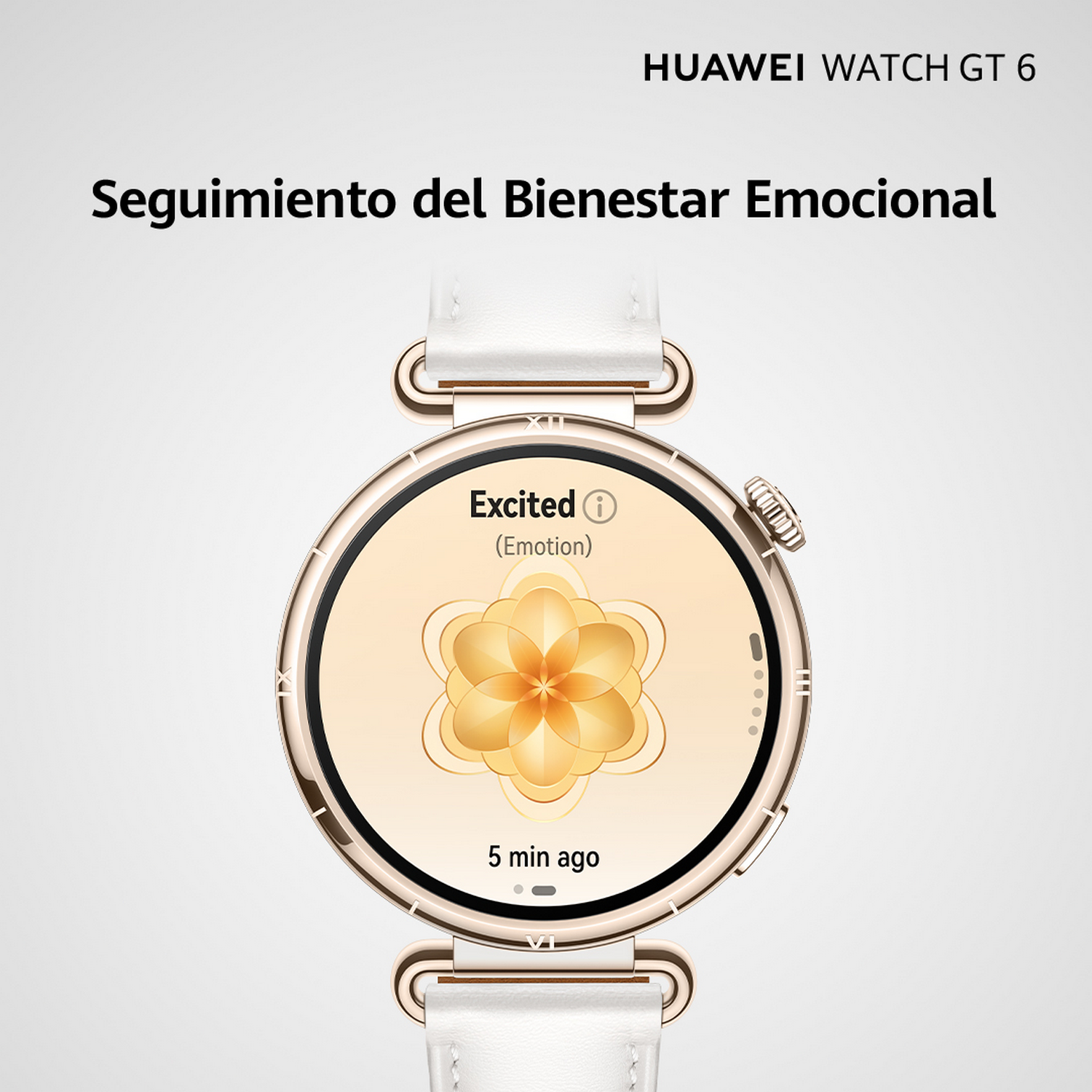 Un Huawei Watch GT 6 muestra la emoción 'Emocionado'. El reloj tiene un bisel dorado, correa blanca y un diseño de flor en la pantalla.