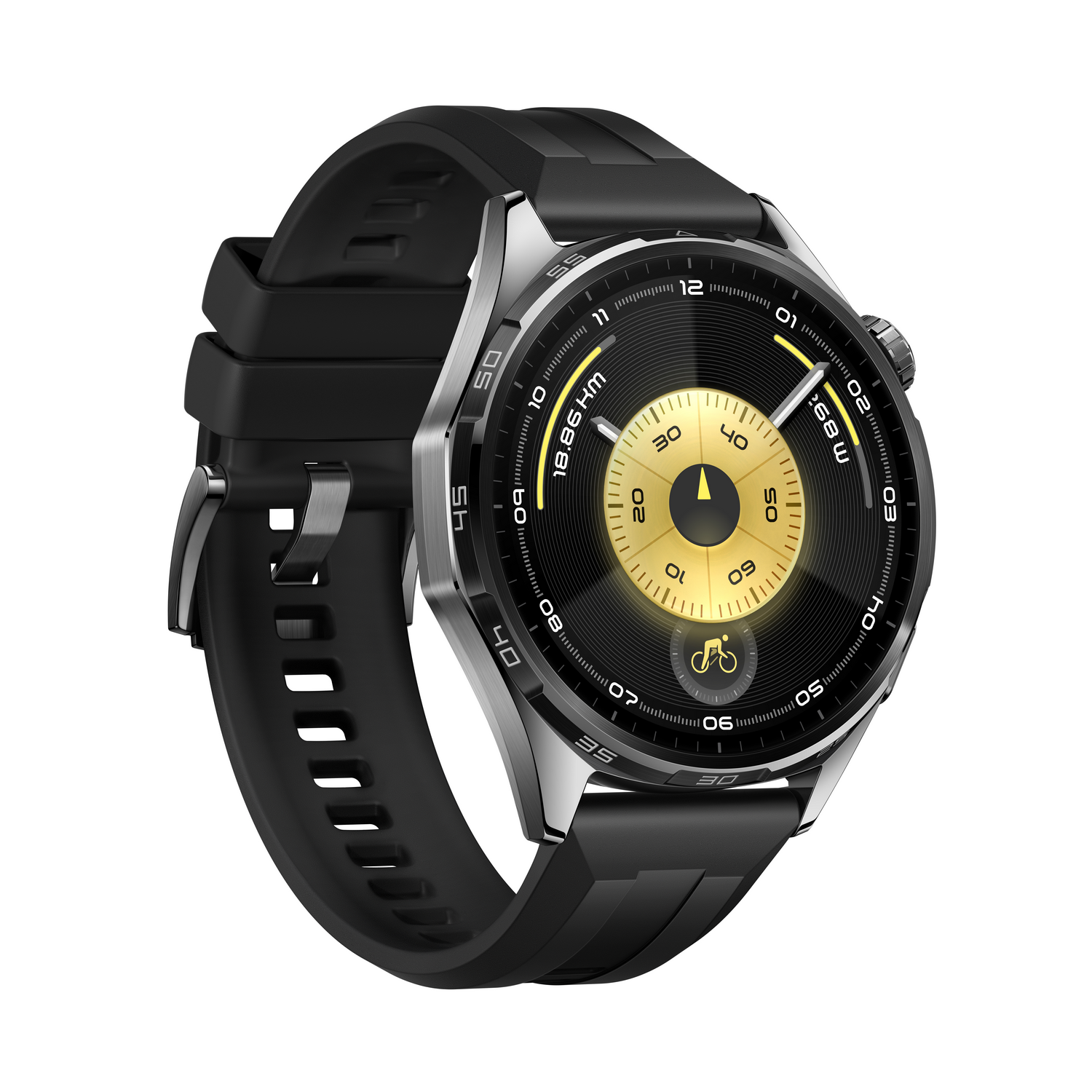 Un reloj inteligente negro con esfera dorada, correa negra y bisel plateado. El reloj muestra la hora y datos de fitness.