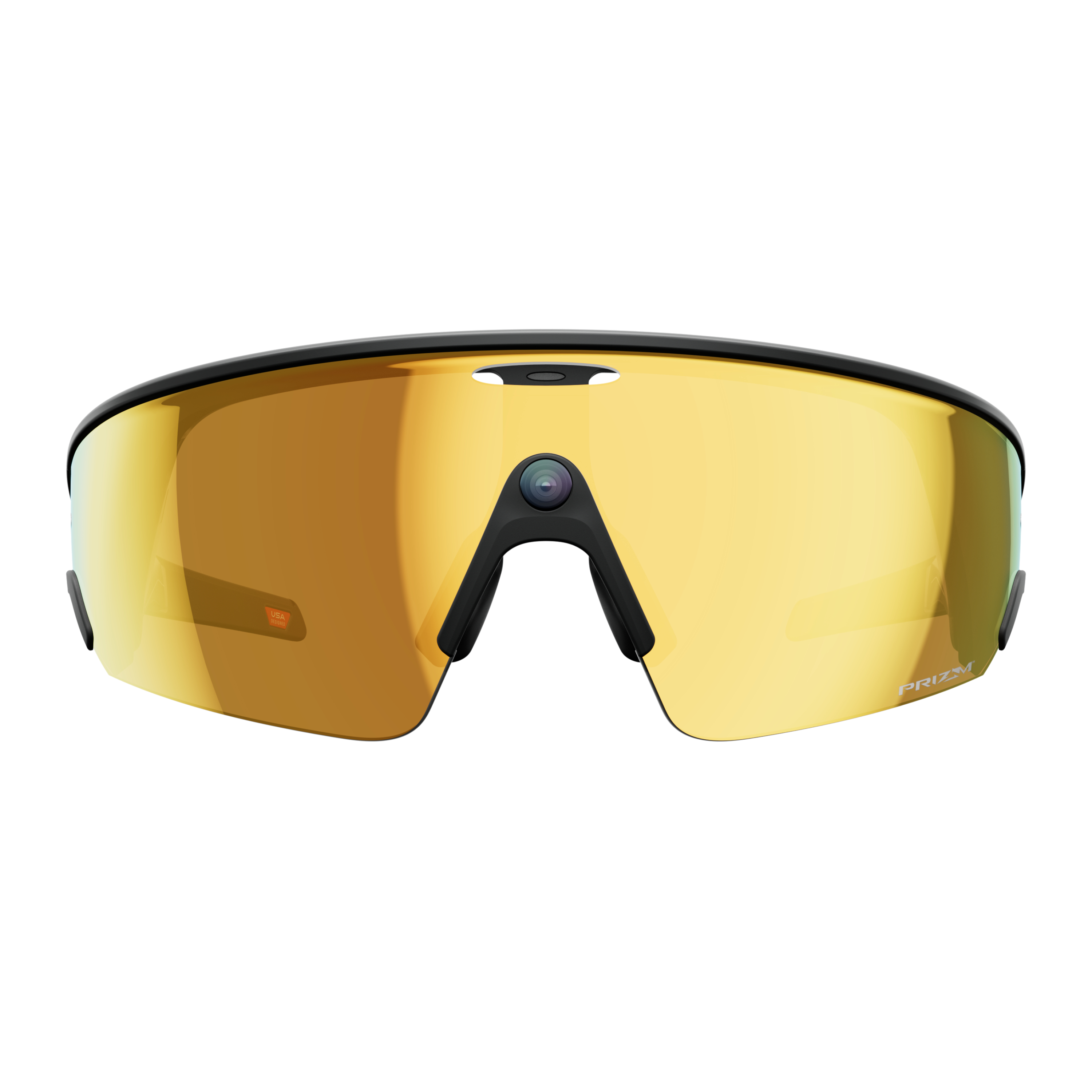 Sportsonnenbrille mit goldfarbenen Gläsern und schwarzem Rahmen. Merkmale sind ein Nasensteg und das Prizm-Logo.