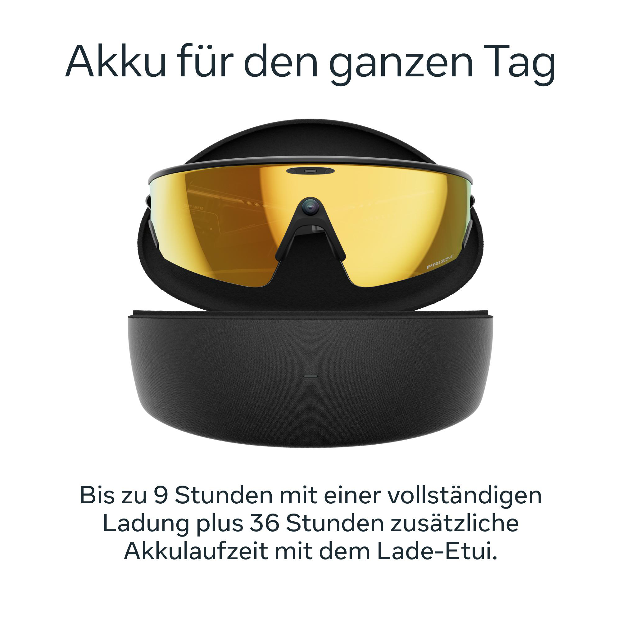 Das Bild zeigt eine Sonnenbrille in einem Etui. Der Text oben lautet: 'Akku für den ganzen Tag'.