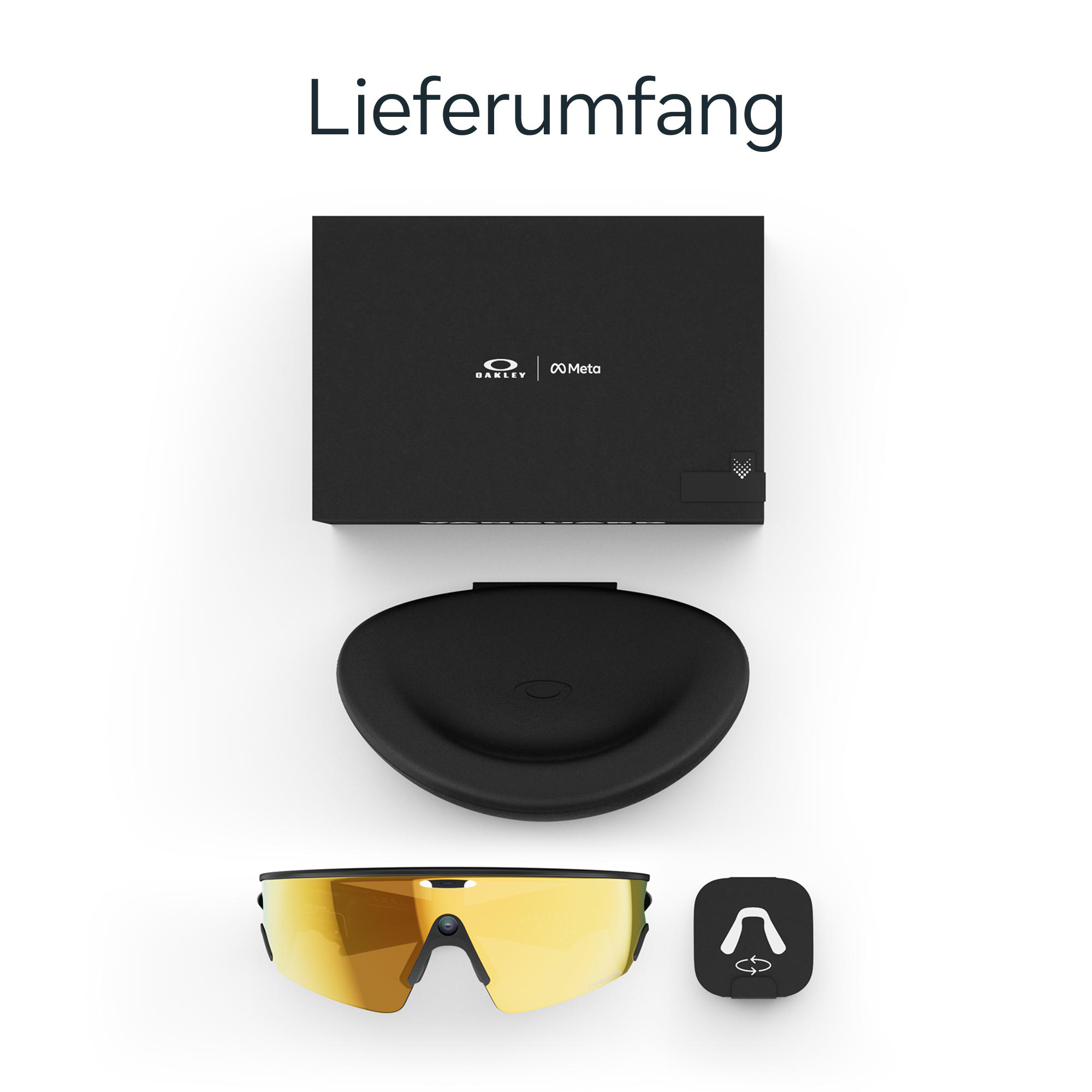 Schwarze Box, Etui und Sonnenbrille mit gelben Gläsern auf Weiß. Oakley- und Meta-Logos sind sichtbar.